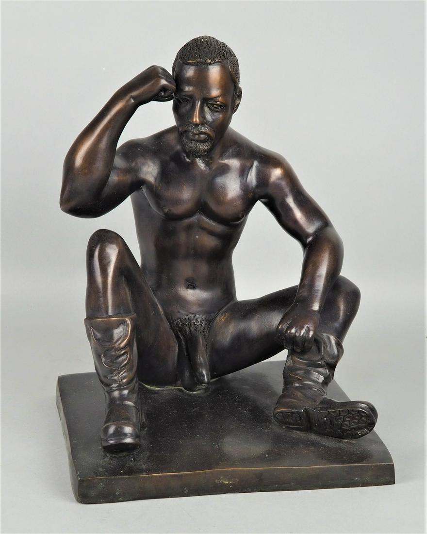 Sitting male nude with leather boots, bronze figure: Sitting male nude with leather boots, bronze figureDark brown patinated bronze of a seated male nude in leather boots. Newly made homoerotic bronze. H. ca. 30cm, weight 4,2kgSitzender männlicher 