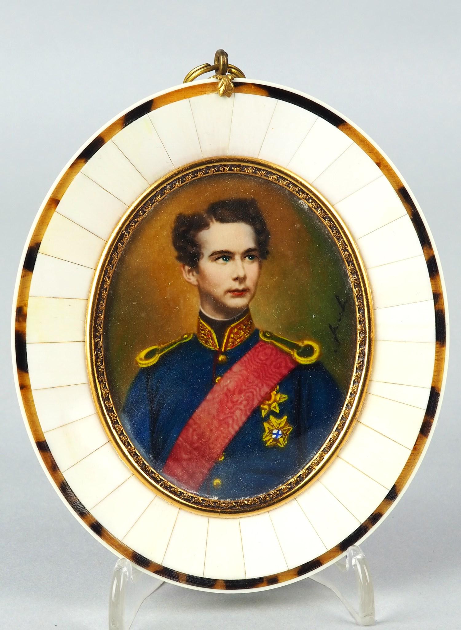 Miniature painting on bone, portrait of King Ludwig II of Bavaria, 20th c.: Miniature painting on bone, portrait of King Ludwig II of Bavaria, 20th c.oval frame with bone inlays (proboscidea), portrait of King Ludwig after J. Stieler, finely painted on bone, under glass. (see