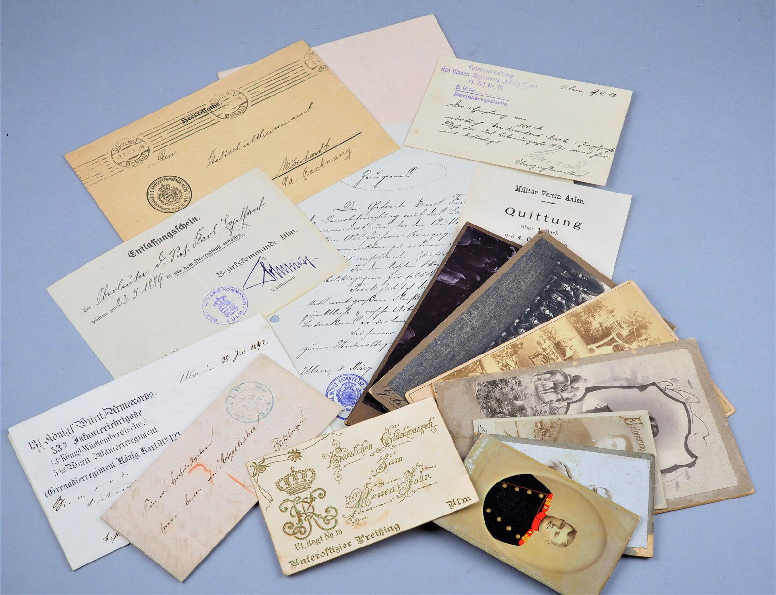 Mixed Militaria German Empire, mostly Ulm: Mixed Militaria German Empire, mostly UlmNews slip April 1847 - 3rd Inf. Rgt; congratulation card for the new year Ulanen-Regiment "König Karl" Nr. 19, Unteroffizier Preißing; documents a.o.