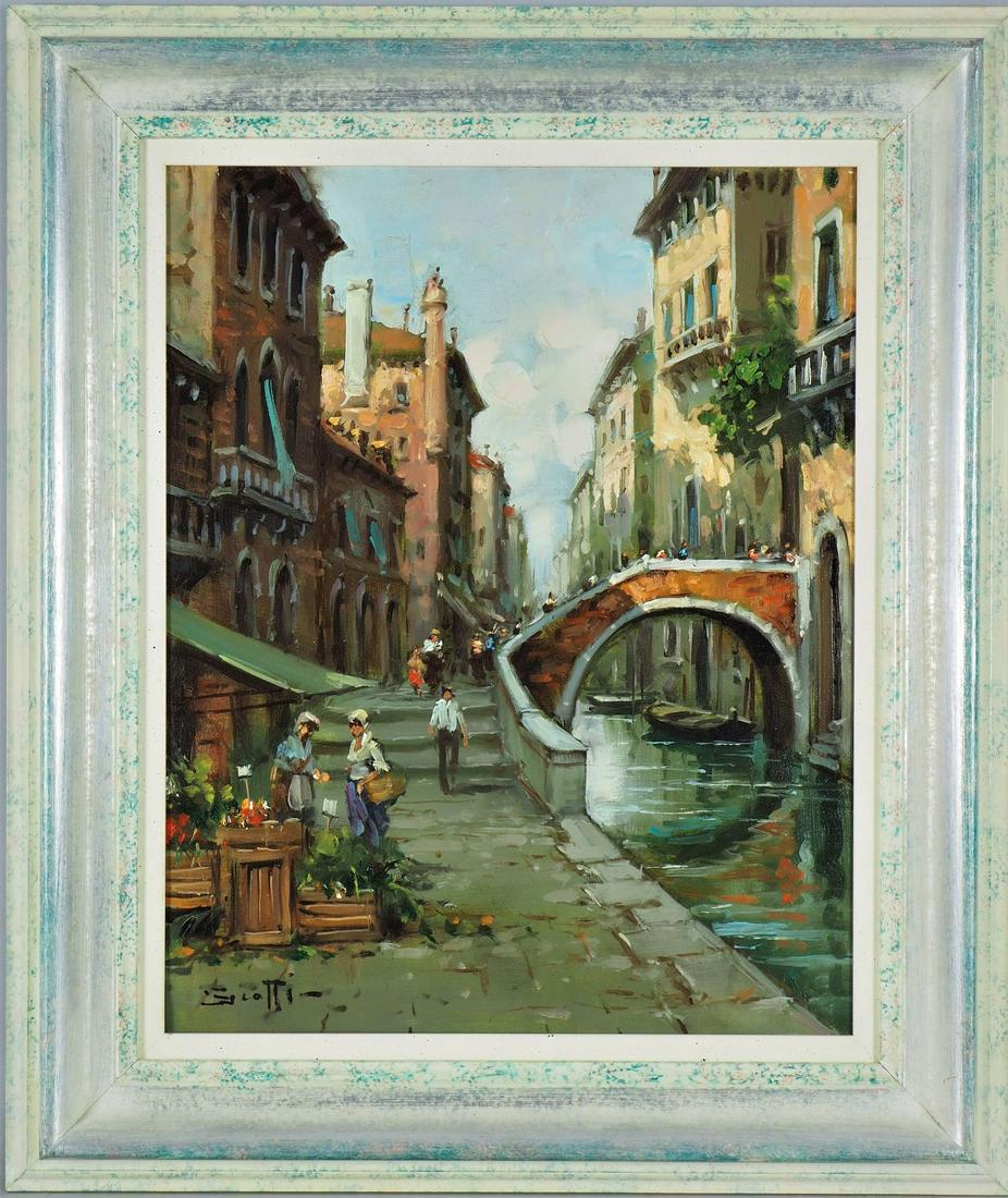 Gaetano Gravetti (*1962, Naples) - Venice city view.: Gaetano Gravetti (*1962, Naples) - Venice city view.Oil on canvas. Atmospheric painting with view of a street and a canal in Venice, with market stall and bridge. Beautiful light direction. Signed low