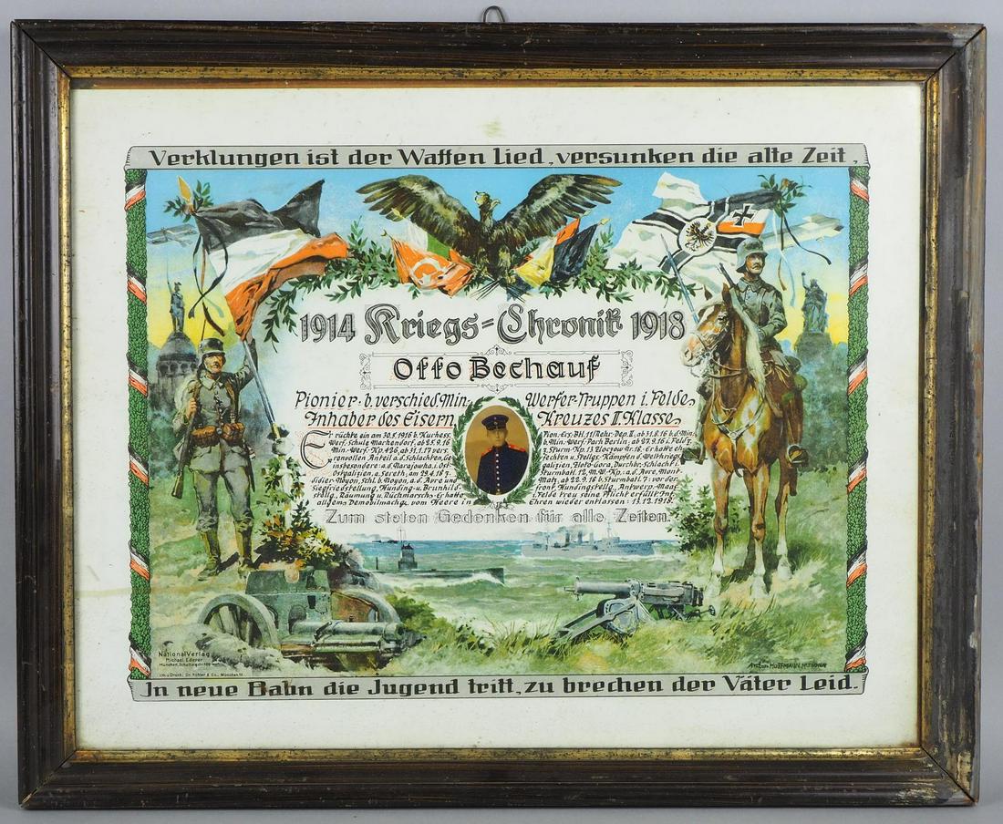 German Empire WW1: Pioneer Mine Thrower War Chronicle 1914/1918: German Empire WW1: Pioneer Mine Thrower War Chronicle 1914/1918War chronicle awarded to Otto Bechauf, pioneer with various. Minenwerfer troops in the field, holder of the Iron Cross II Class. Lithogra