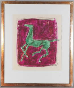 Fritz Nuss (1907 - 1999), Watercolor of a horse, 1969.: Fritz Nuss (1907 - 1999), Watercolor of a horse, 1969.Watercolor/mixed media in a wooden frame painted with gold paint framed in a mount behind gals. Stylized depiction of a horse in green paint again