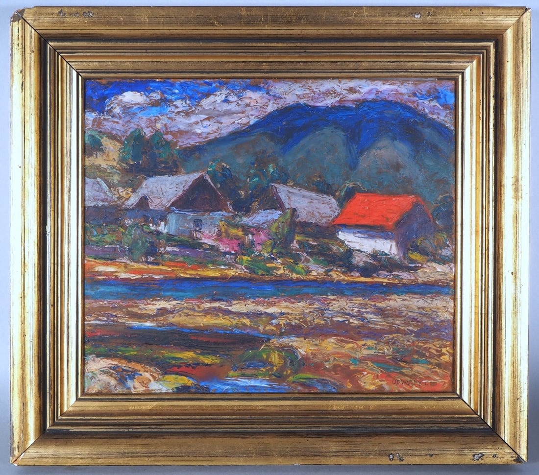 Ignác Udvardy (1877-1961, Austria-Hungary) - village landscape, early 20th c.: Ignác Udvardy (1877-1961, Austria-Hungary) - village landscape, early 20th c.Oil on painting cardboard, framed in a wooden frame painted with gold paint. Depiction of a village landscape in bright co
