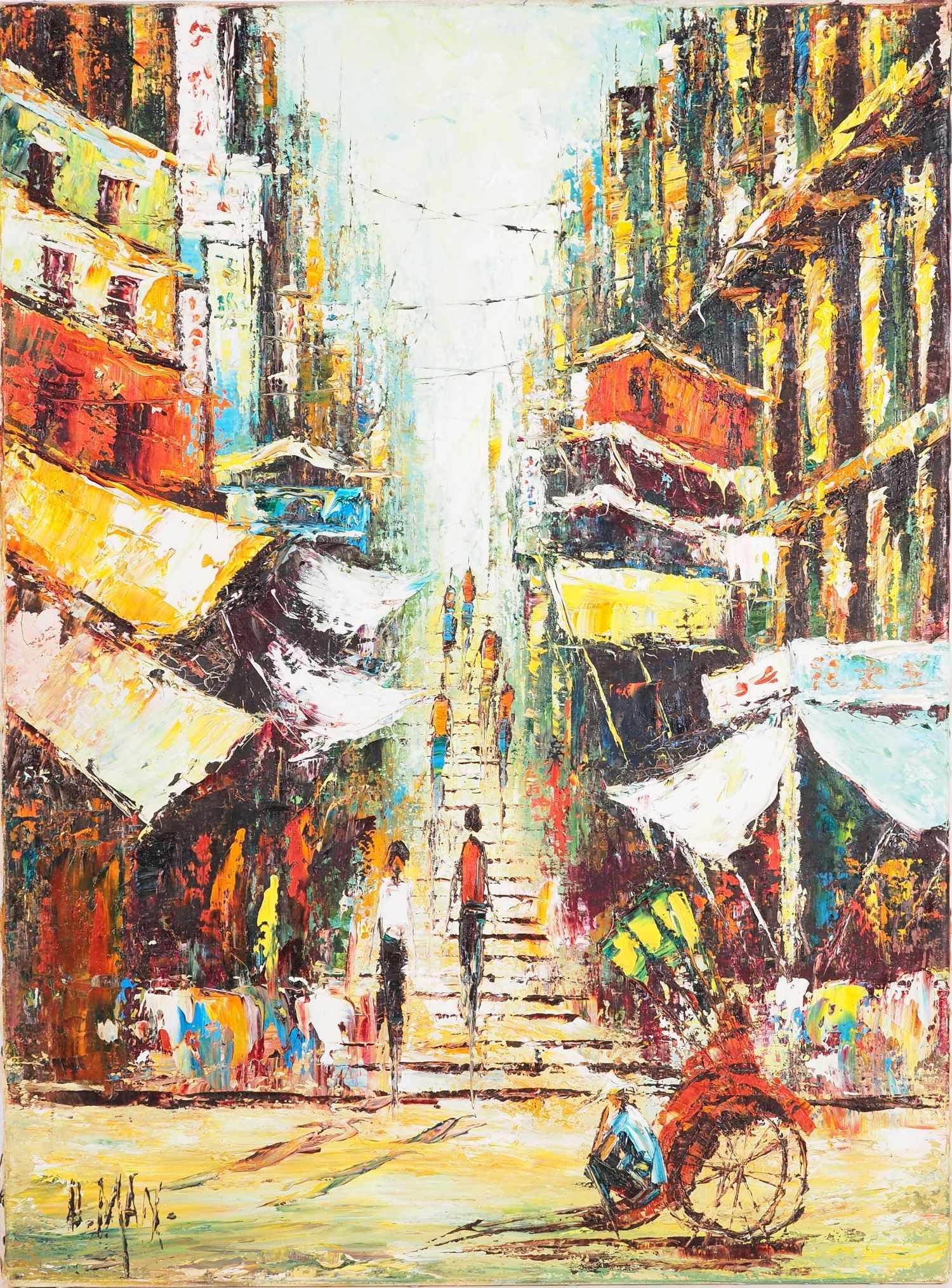 D. Man, Chinese street scene, probably mid 20th century.: D. Man, Chinese street scene, probably mid 20th century.Oil on canvas, without frame. Depiction of a street scene in China (possibly Hong Kong) in impressionist style. In bold pastose colors, an ascen