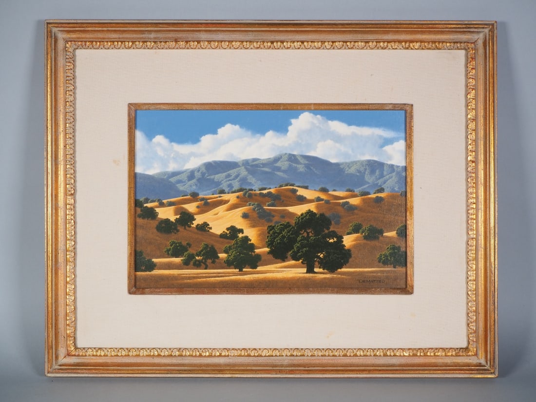 David De Matteo "Summer in the Santa Inez", 2nd half of the 20th century.: David De Matteo "Summer in the Santa Inez", 2nd half of the 20th century.Oil on cardboard in a wooden frame painted in gold with a canvas passe-partout. Depiction of a hilly landscape with scattered t