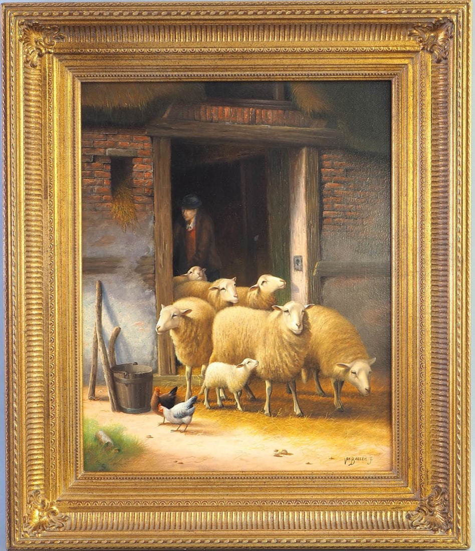 Jan van Baelen (born 1948 in Belgium), Sheep in front of the stable: Jan van Baelen (born 1948 in Belgium), Sheep in front of the stableOil on panel framed in an elaborately carved wooden frame painted in gold. Very finely and realistically worked depiction of sheep be
