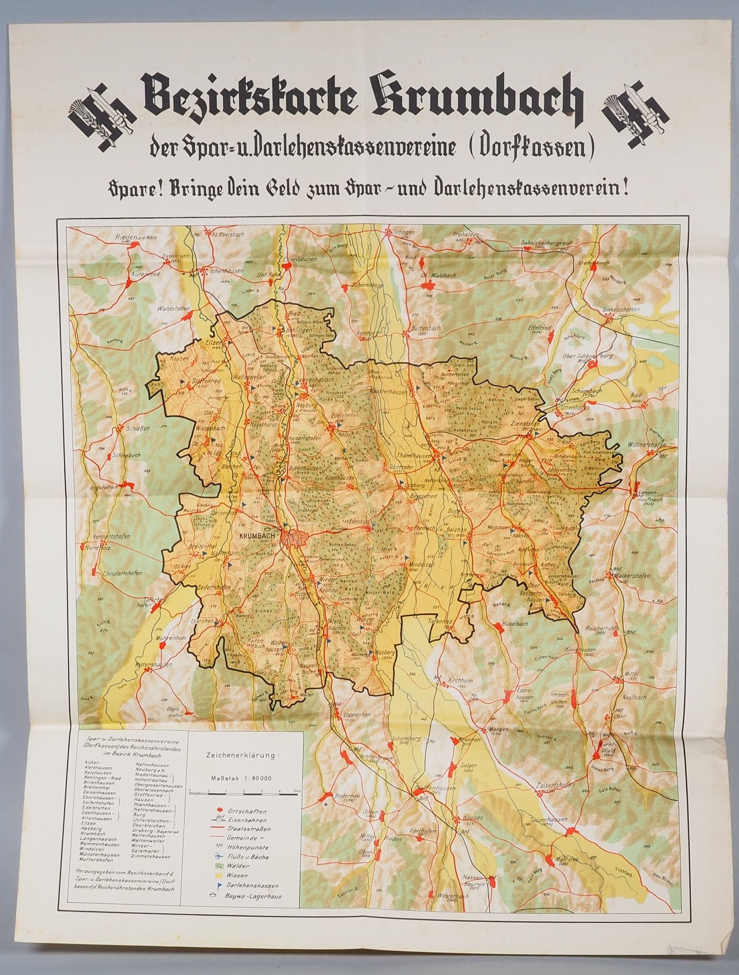 Third Reich: Reichsnährstand district map of Krumbach, around 1940: Third Reich: Reichsnährstand district map of Krumbach, around 1940District map Krumbach of the RNST, the savings and loan associations (Dorfkassen). Folded, good condition. 46.5 x 61cm.Drittes Re