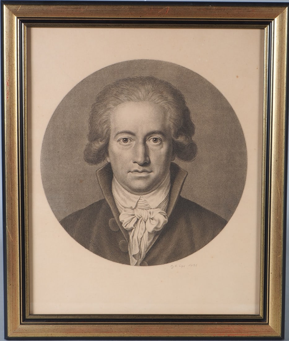 Johann Heinrich Lips (1758 - 1817), copperplate engraving: "Goethe". 1791: Johann Heinrich Lips (1758 - 1817), copperplate engraving: "Goethe". 1791Circular copperplate engraving and etching framed behind glass in a lacquered wooden frame. Portrait of Johann Wolfgang von Goe