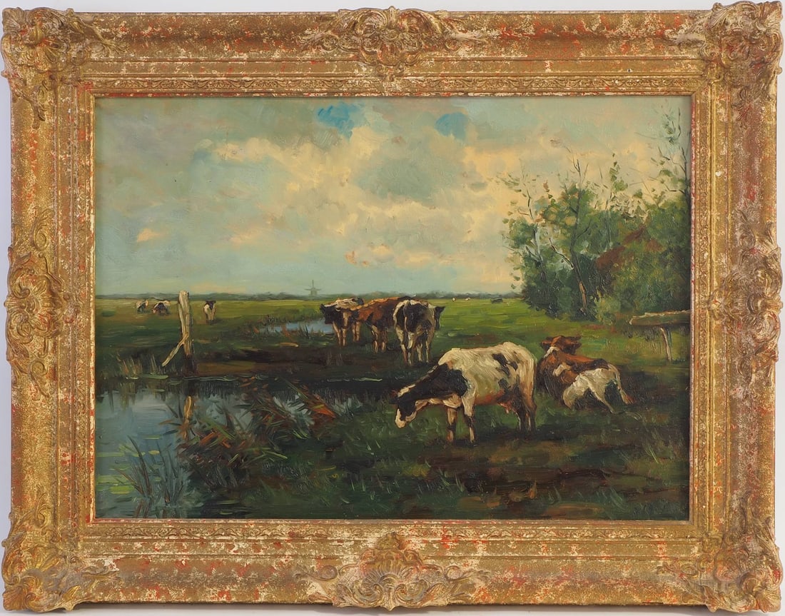 Dutch master, Cows in a polder landscape, 19th century.: Dutch master, Cows in a polder landscape, 19th century.Oil on canvas framed in a stuccoed wooden frame painted in gold and red. A herd of cows graze on a wide plain behind a dyke with a windmill. In t