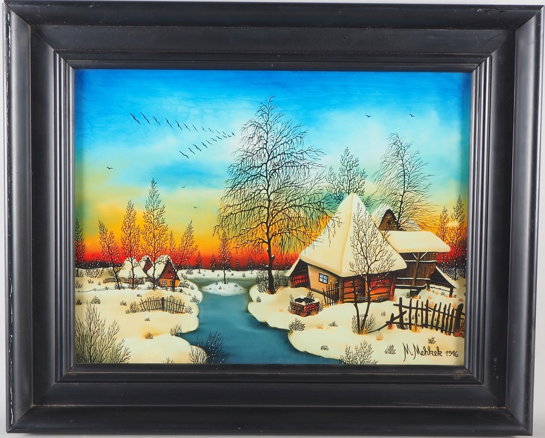 Naive reverse glass painting - Village in winter - M. Mehkek, 1976: Naive reverse glass painting - Village in winter - M. Mehkek, 1976 Reverse glass painting framed in a relief, veneered wooden frame. Painted in a naive style, depicting a winter landscape in the eveni