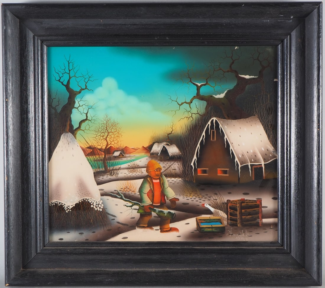 Naive reverse glass painting - Winter morning - M. Kovacek, 1976: Naive reverse glass painting - Winter morning - M. Kovacek, 1976 Reverse glass painting framed in a black painted wooden frame. Painted in a naive style, depicting a winter landscape with houses at da