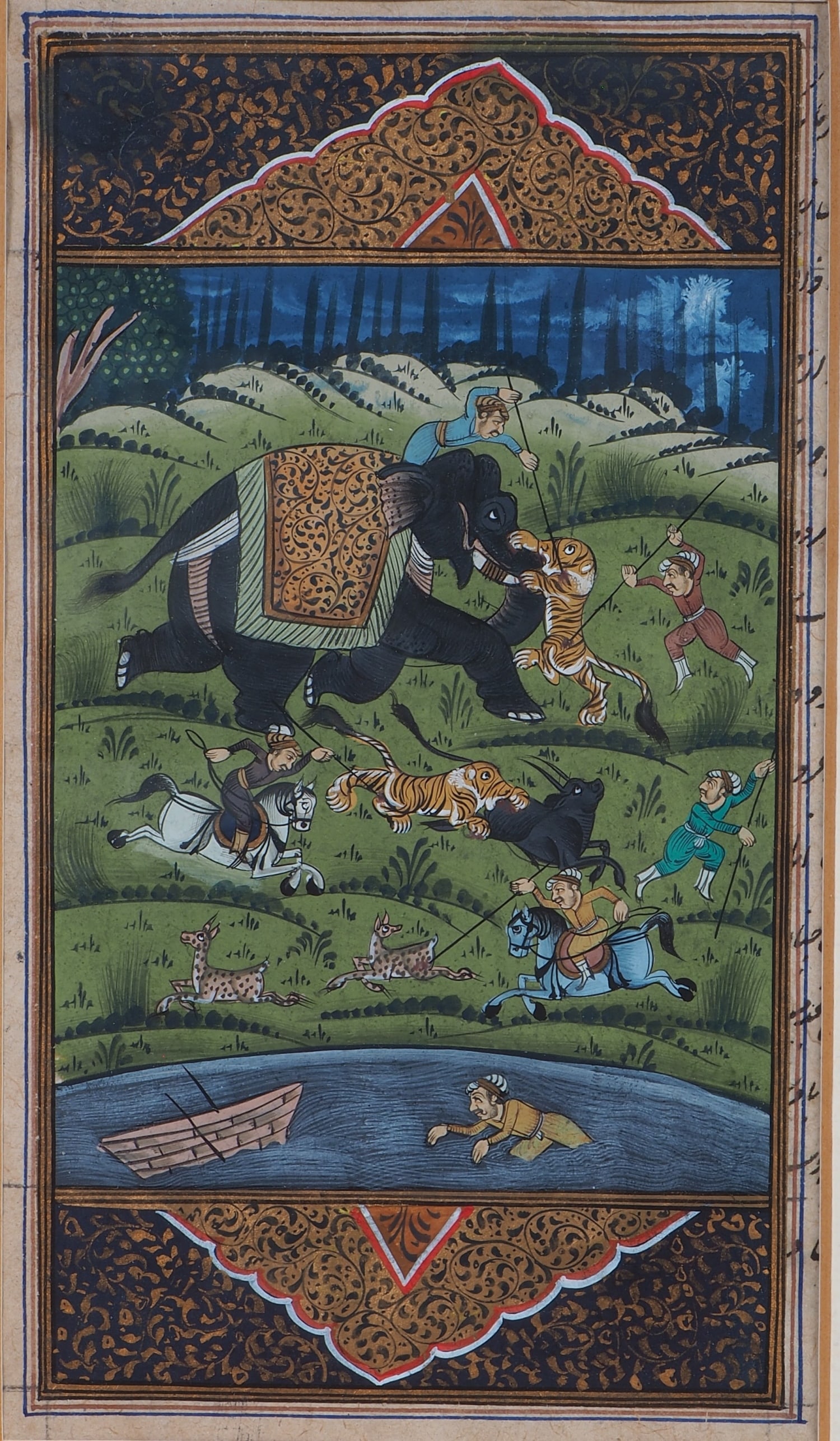 Miniature painting ‘Tiger Hunt’, Mughal India, probably 19th century or earlier: Miniature painting ‘Tiger Hunt’, Mughal India, probably 19th century or earlierComposite miniature of the Mughal, page from book, gouache and gold colour on paper painted by hand, tiger hu