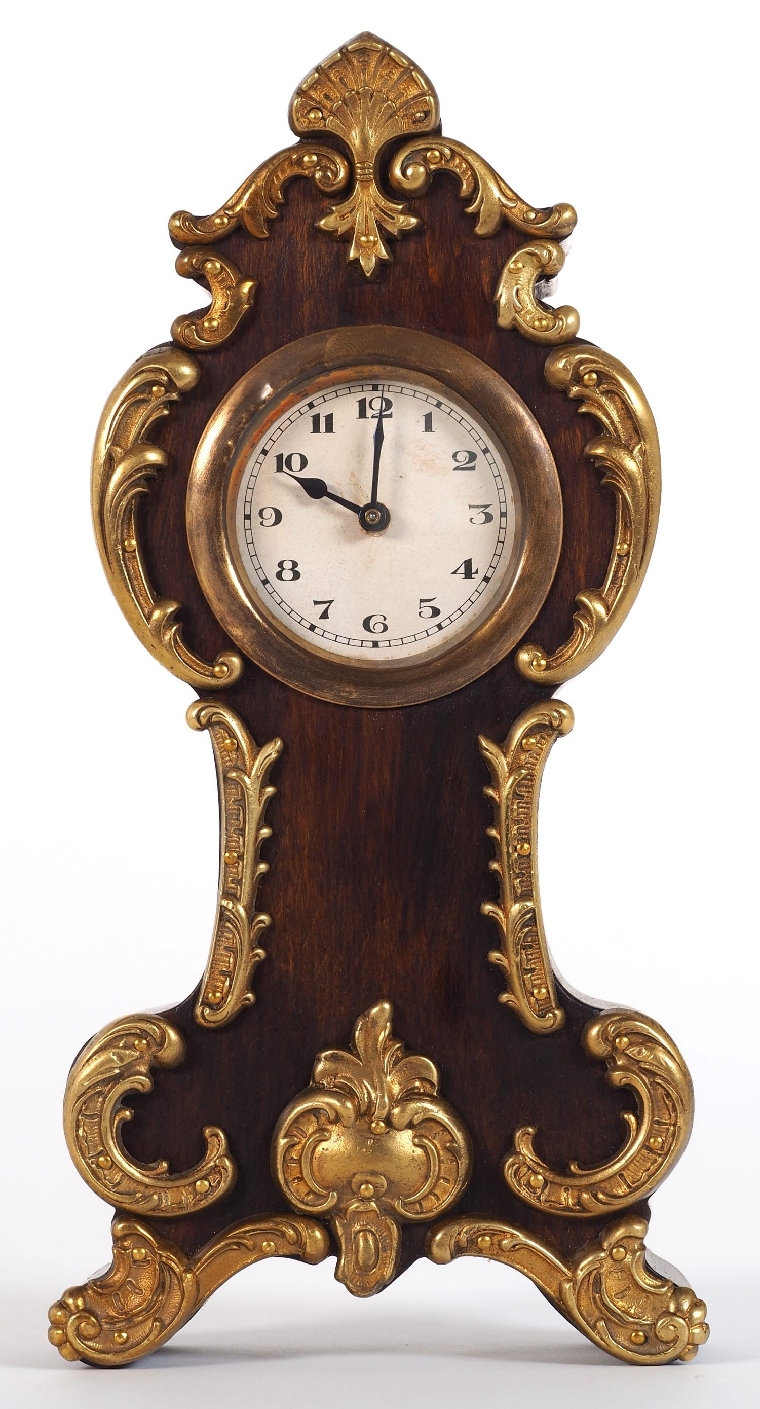 Miniature grandfather clock, around 1900: Miniature grandfather clock, around 1900Case made of mahogany-colored wood, with baroque bronze decorations on the front. Movement with white dial, black Arabic numerals and blued hands. Setter and wi