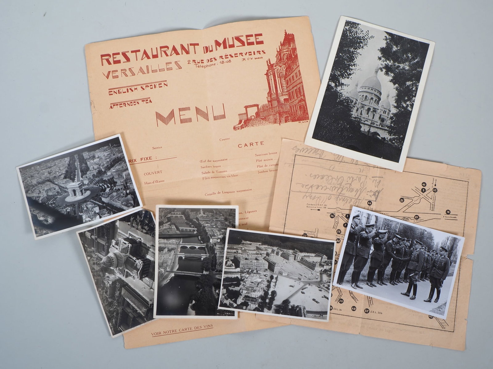 Small Paris estate Wehrmacht WW2 France: Small Paris estate Wehrmacht WW2 FranceMenu plan Restaurant du Musee 2 rue des reservoirsVarious photos Aerial photos including photo of Field Marshal von Witzleben Commander-in-Chief West with Colone