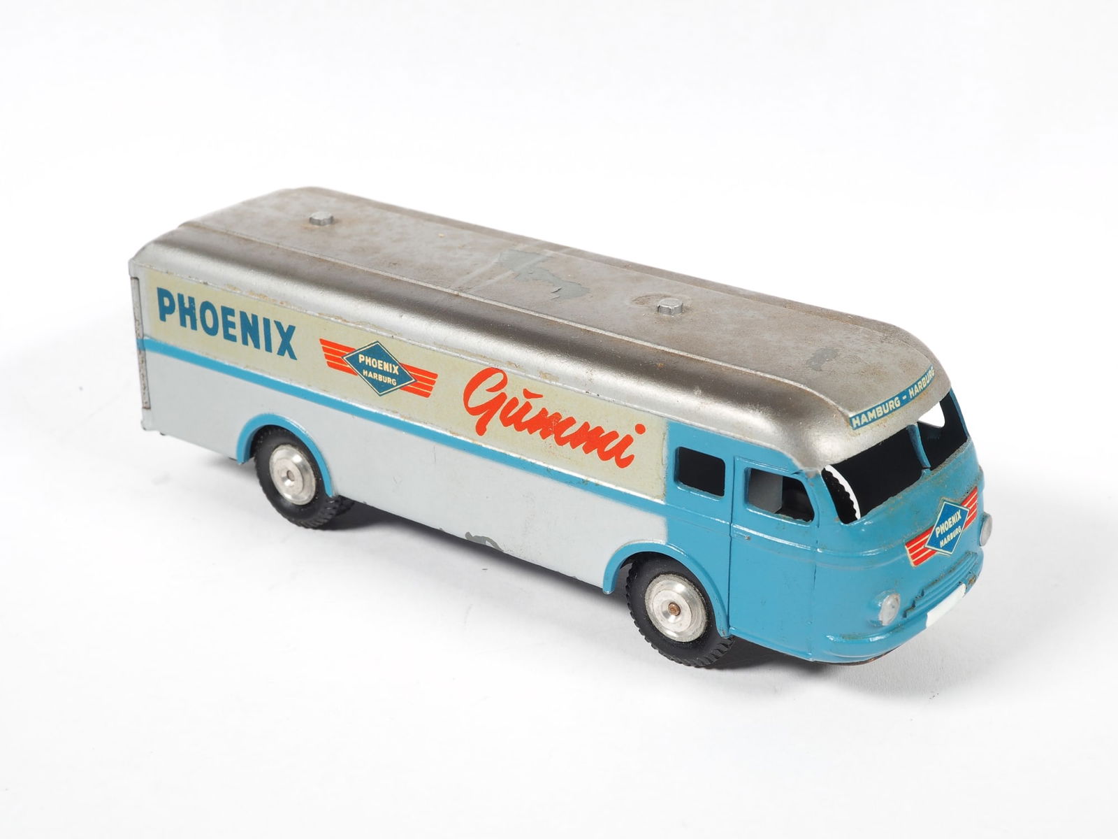 Märklin 8017 Phoenix Box Car: Märklin 8017 Phoenix Box Car Made in W. Germany, 1:43 scale, die-cast and sheet iron, rubber tires. The rear doors can be opened. Lightly used. L. 14cm. Märklin 8017 Phoenix Kastenwagen Made in W. G