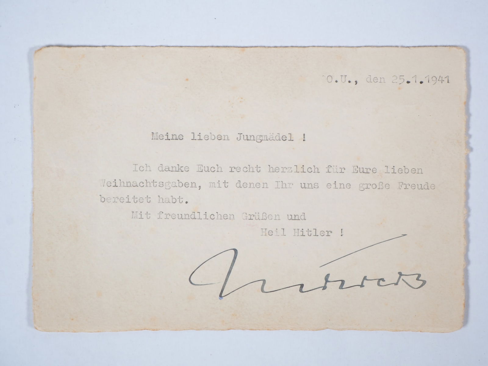 German War hero Werner Mölders letter of thanks, January 25, 1941: German War hero Werner Mölders letter of thanks, January 25, 1941 Thank you card from war hero Knight's Cross recipient of the Iron Cross with Oak Leaves, Swords, and Diamonds Lieutenant Colonel Wern