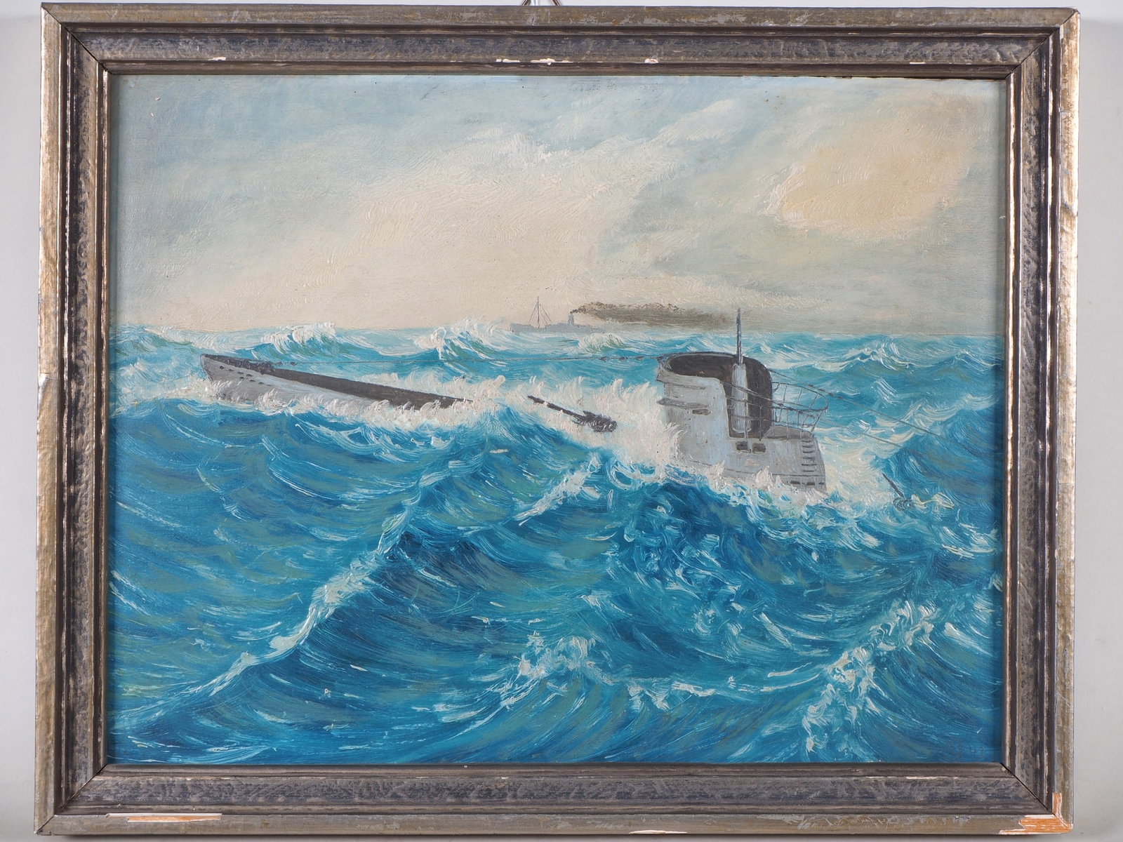 Submarine oil painting 1942 with signature Kriegsmarine WK2: Submarine oil painting 1942 with signature Kriegsmarine WK2 Beautiful oil painting from the year 1942, a submarine of the Kriegsmarine, artist's signature and year 1942, dimensions: 36.5 cm x 28.5 cm.