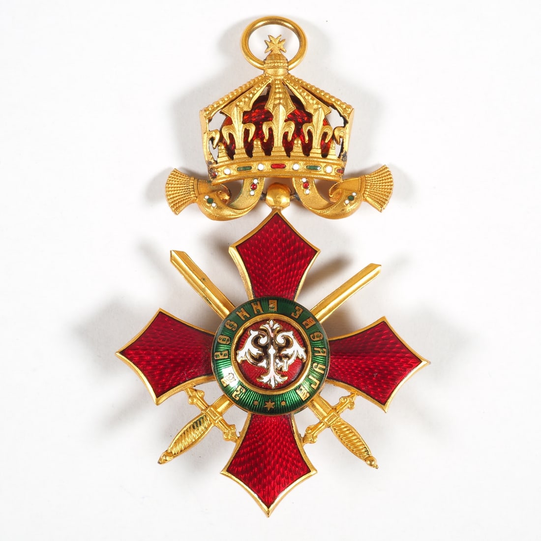 Kingdom of Bulgaria: Order of Military Merit IV. Class, Officer's Cross with Crown and Swords: Kingdom of Bulgaria: Order of Military Merit IV. Class, Officer's Cross with Crown and Swords Early piece, non-ferrous metal, gilt and finely enameled on both sides, movable crown, inside of the crown