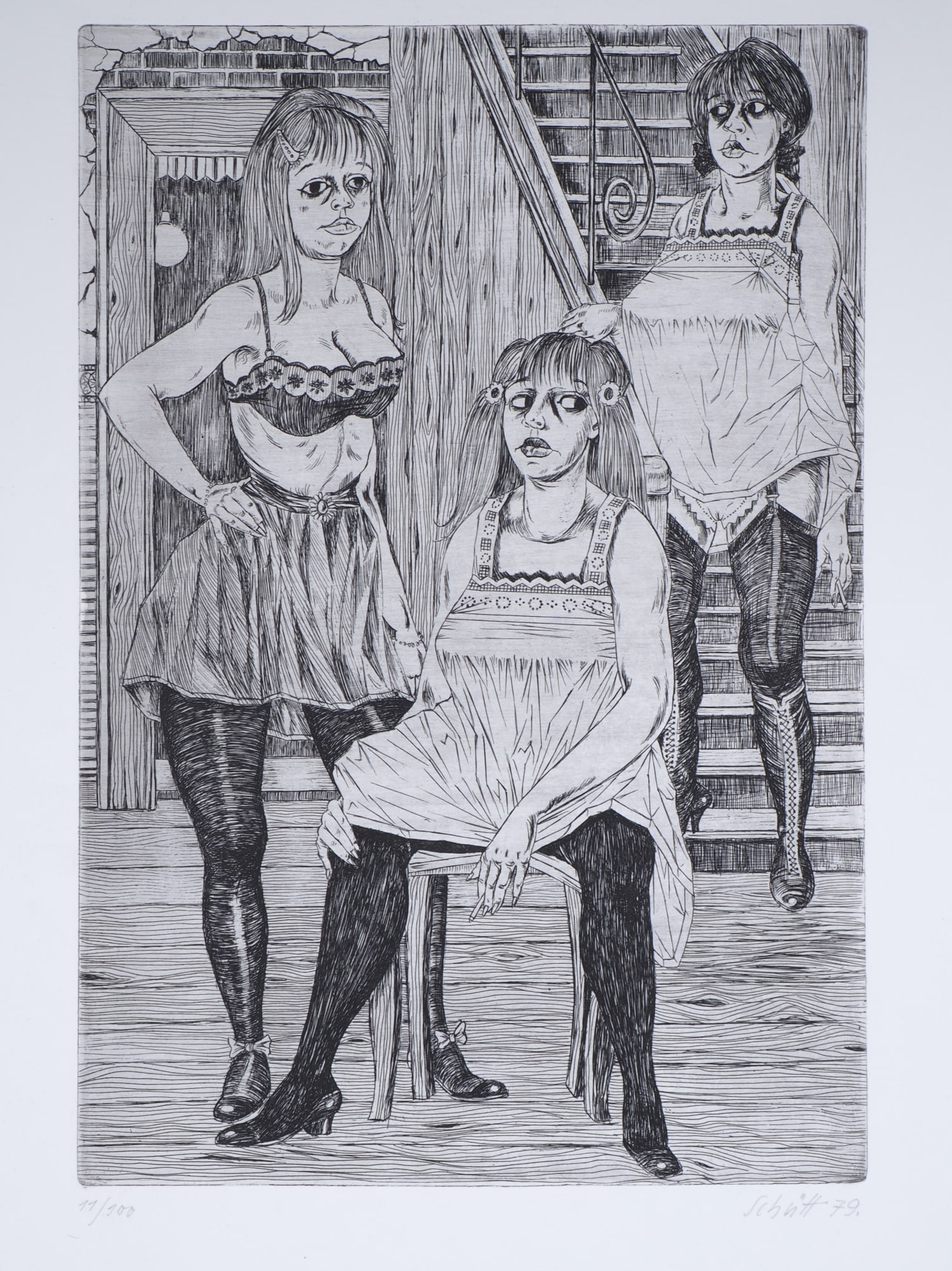 Franz-Theodor Schütt (1908, Berlin - 1990, Wiesbaden) - Three Girls in Front of the Stairs, 1979 (1 of 2)