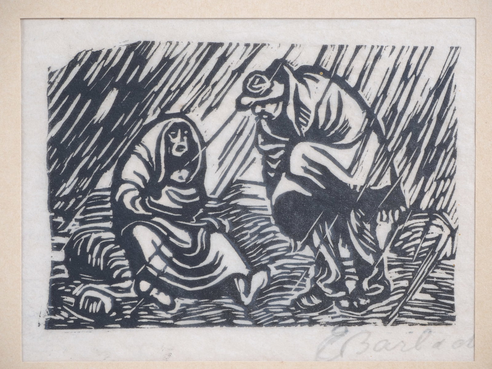 Ernst Barlach (1870 - 1938) - Quarrelling Couple in the Rain, 1921/22, signed: Ernst Barlach (1870 - 1938) - Quarrelling Couple in the Rain, 1921/22, signedOriginal woodcut on Japanese paper, signed by the artist by hand at the bottom right. Circa 1921/22. Framed with passe-part