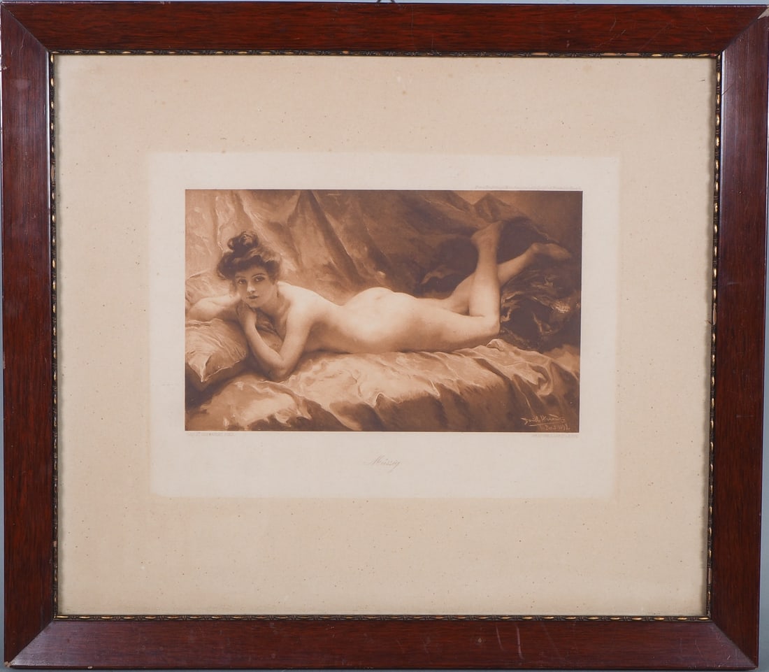 Daniel Hernandez Morillo (1856, Peru - 1932) - Reclining female nude around 1900: Daniel Hernandez Morillo (1856, Peru - 1932) - Reclining female nude around 1900 Original lithograph by Franz Hanfstaengl, Munich. Li. and artist “DANIEL HERNANDEZ PINX.”. Titled “Müssig&rd