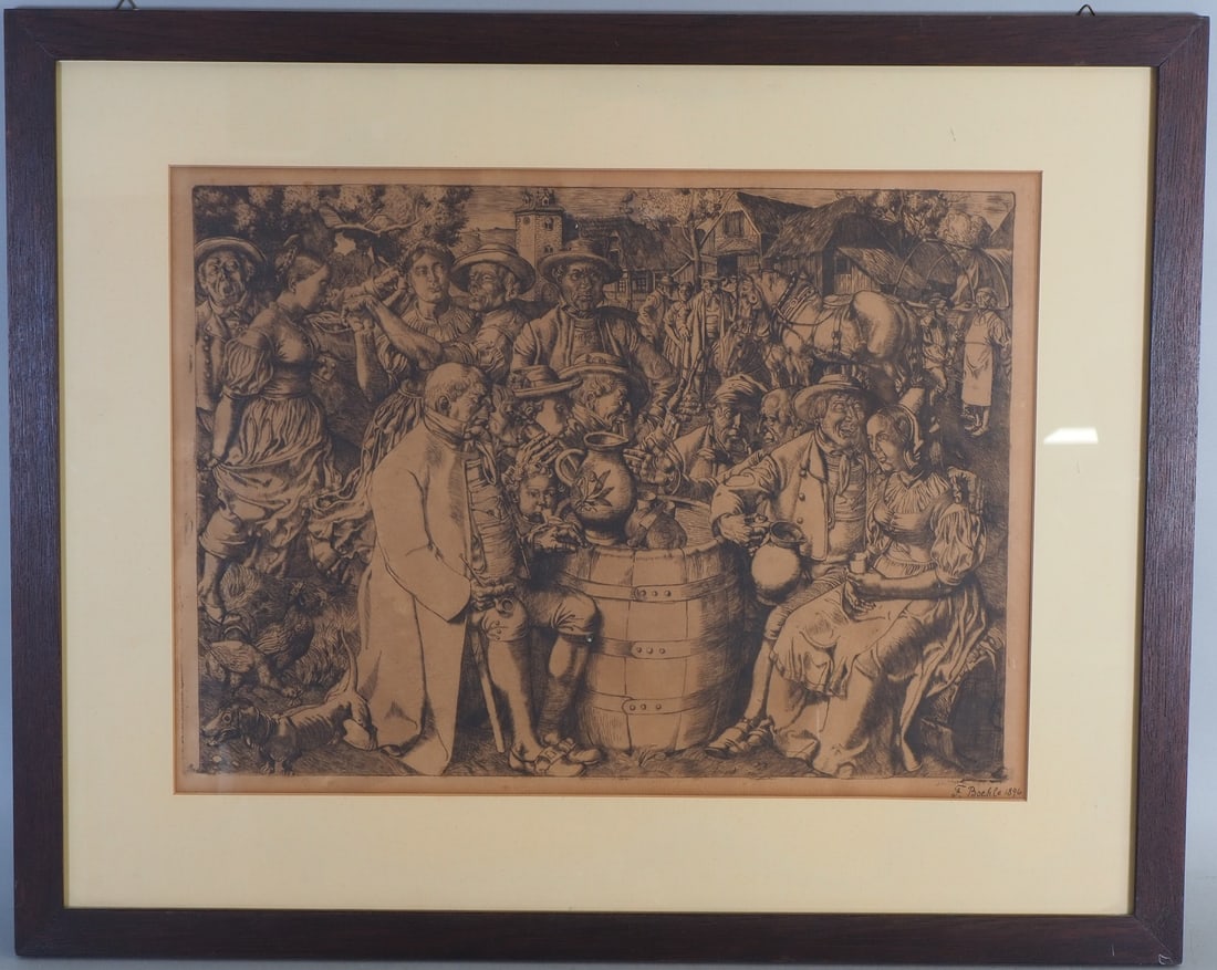 Fritz Boehle (1873 -1916), Wine festival, 1896: Fritz Boehle (1873 -1916), Wine festival, 1896Etching, framed in a passepartout behind glass in a wooden frame. Depiction of a densely populated square with various activities of a festival. Wine is b