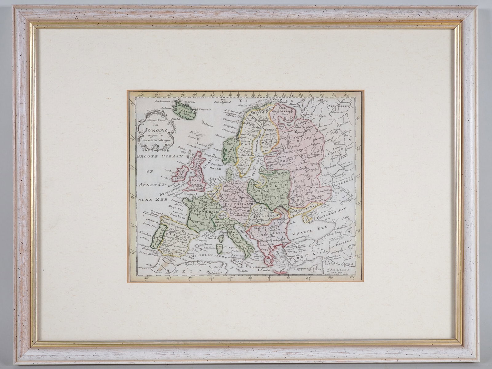 Baroque map of Europe, Netherlands, circa 1720: Baroque map of Europe, Netherlands, circa 1720Original copper engraving, hand-coloured, cartouche labelled "Nieuwe Kaart van Europa volgens de Nieuwste verbeteringen" (New Map of Europe according to t