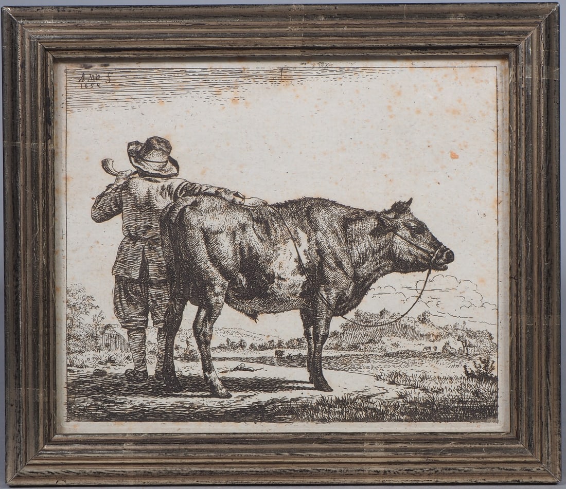 Adriaen van den Velde, etching: Shepherd with bull, 17th century. (1 of 3)