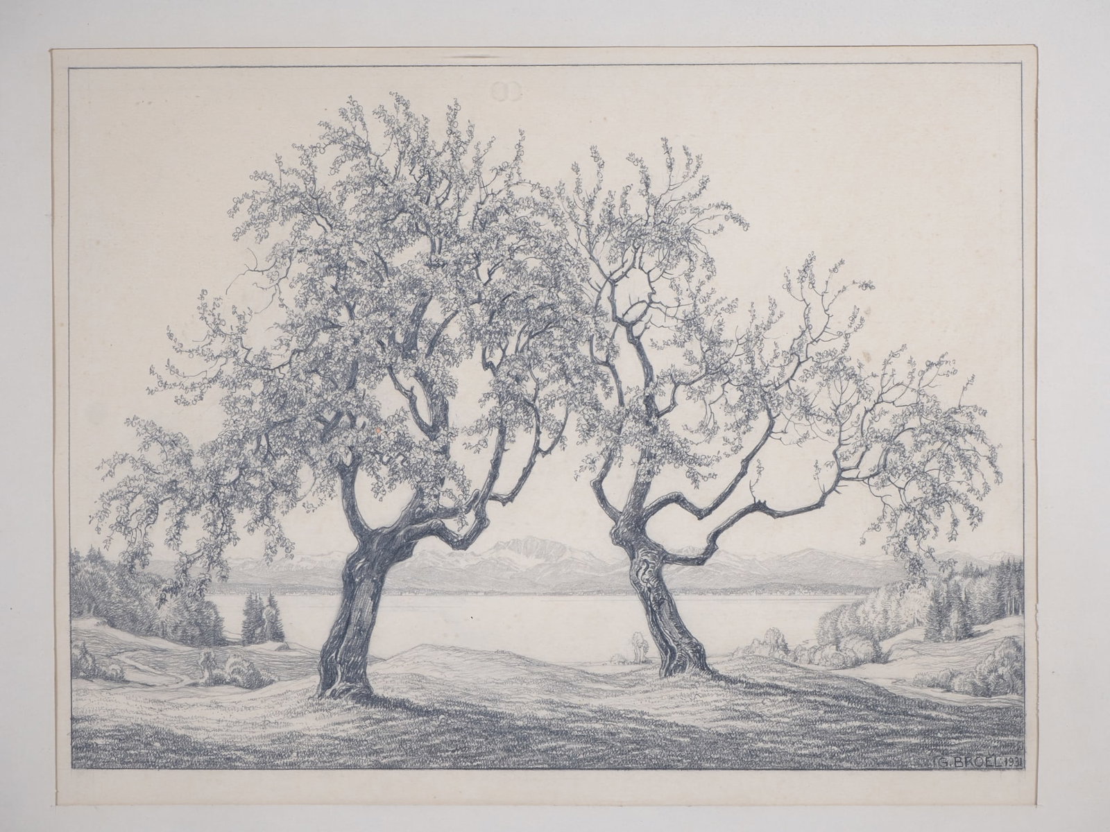 Georg Broel (1884, Bad Honnef - 1940, Munich) - Drawing with a view of the Siebengebirge, 1931 (1 of 2)