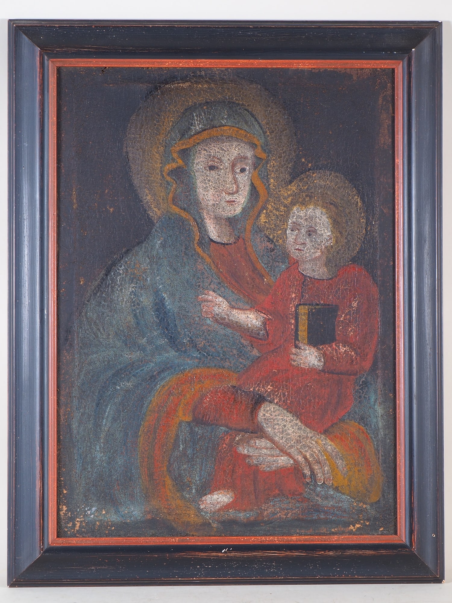 Late Gothic painting Madonna with Child: Late Gothic painting Madonna with ChildOil on canvas, Mary and Child with halos, simple schematic representation. Severe craquelure and paint flaking in places, surface very dark and dirty due to age,