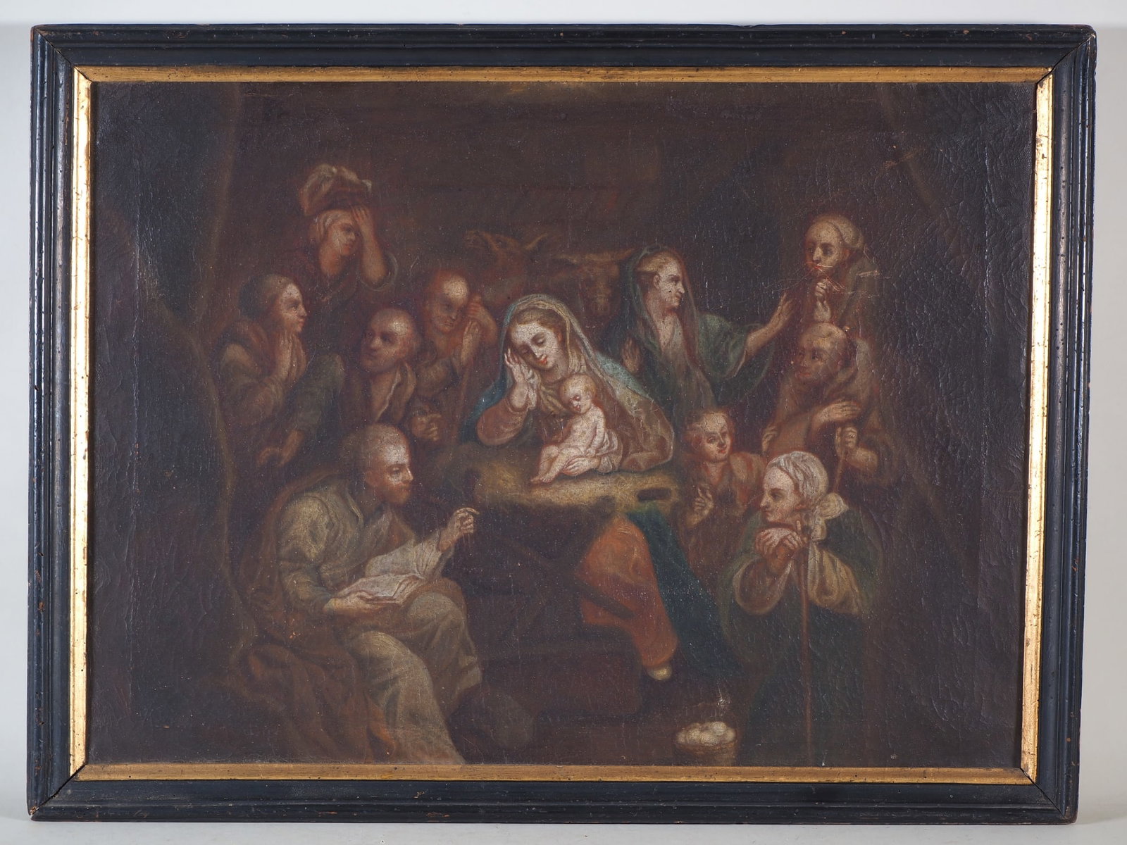 Baroque painting depicting the birth of Christ, circa 1690: Baroque painting depicting the birth of Christ, circa 1690Oil on canvas, depicting the Holy Family at the birth of Jesus Christ, the adoration of the infant Jesus by the shepherds. At the center of th