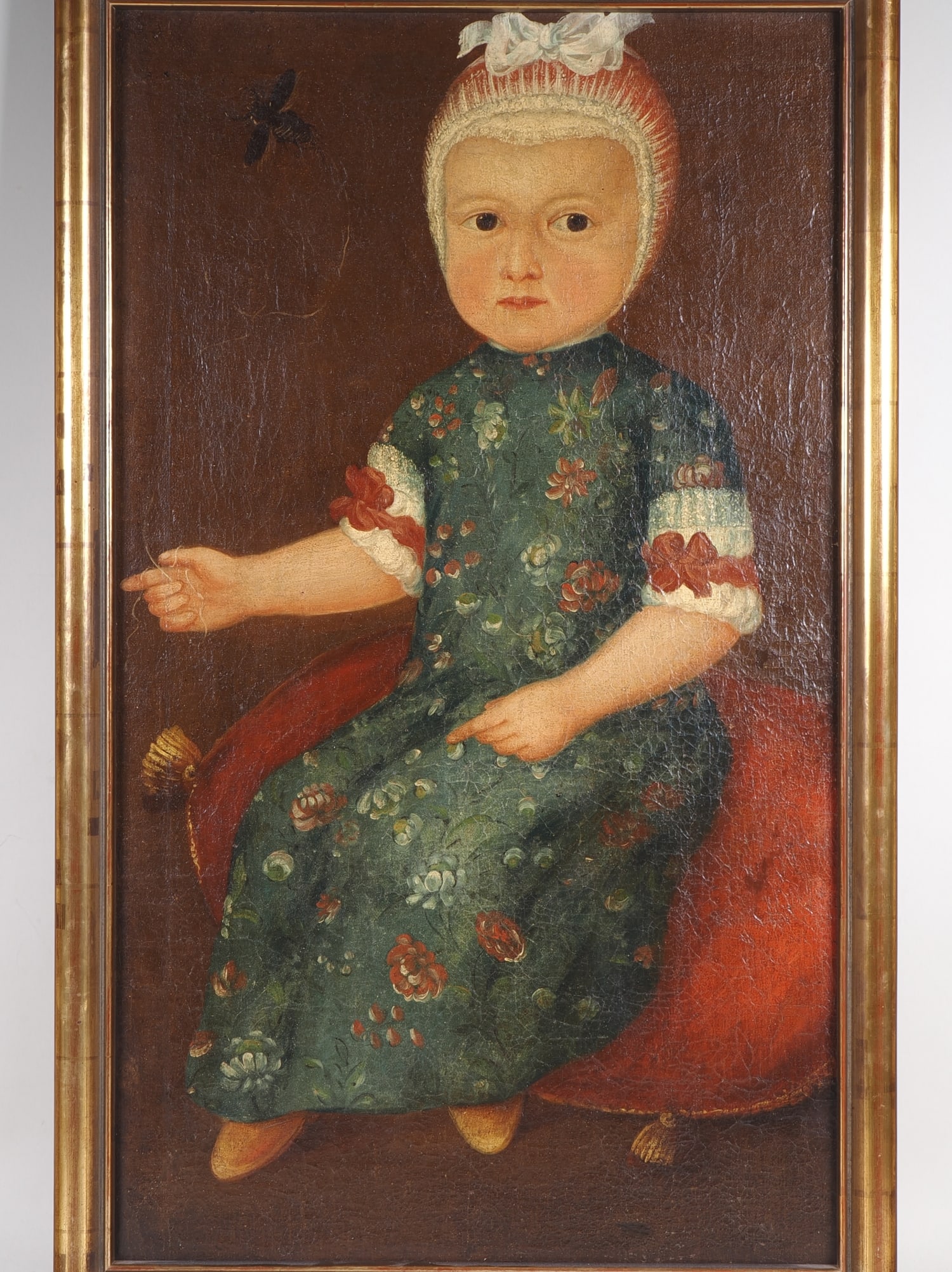 Baroque children's portrait - girl with cockchafer, 18th century.: Baroque children's portrait - girl with cockchafer, 18th century.Oil on canvas, lined and re-stretched on a stretcher frame. Depiction of a young girl in front of a red-brown background, sitting on a