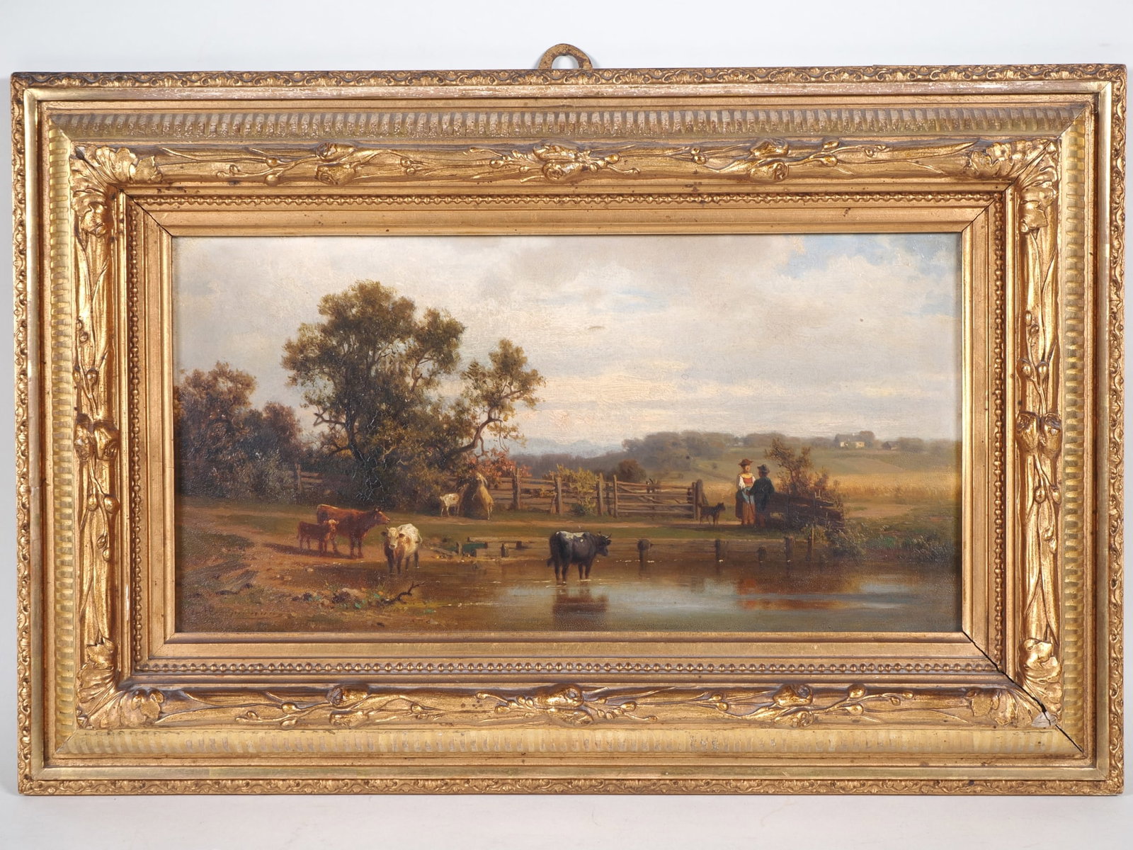 Arnold Meermann (1829-1908, Silesia) - Scene near Staudach, 1876: Arnold Meermann (1829-1908, Silesia) - Scene near Staudach, 1876Oil on wood, depicting a Bavarian Alpine landscape; in the foreground, a shallow body of water in which several cattle stand, their refl