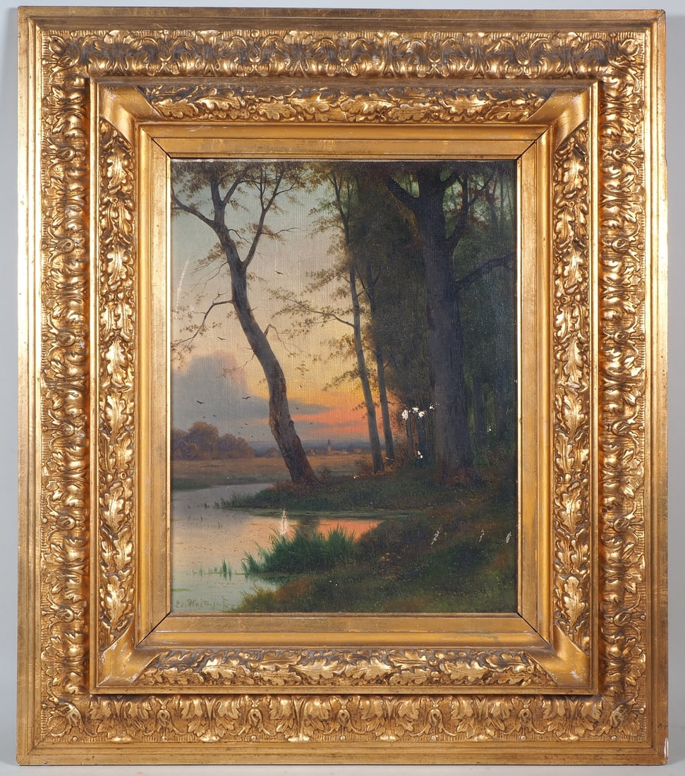 Eduard Hein (1849, Cologne - 1917, Freiburg) - Evening Mood, circa 1890 - beautiful frame: Eduard Hein (1849, Cologne - 1917, Freiburg) - Evening Mood, circa 1890 - beautiful frameOil on canvas, depicting a river at the edge of a forest, with a village in the background in a slightly cloudy