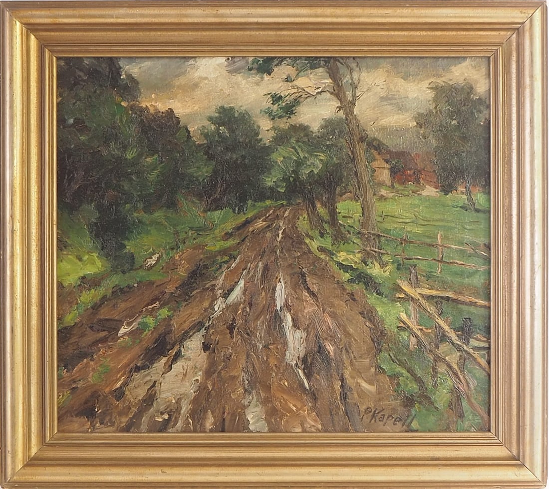 Paul Kapell (1876-1946), Path, around 1900: Paul Kapell (1876-1946), Path, around 1900Painting, oil on canvas. Depiction of a country lane in a rural landscape, parts of a village can be seen in the background. Pasty painting with depth effect,