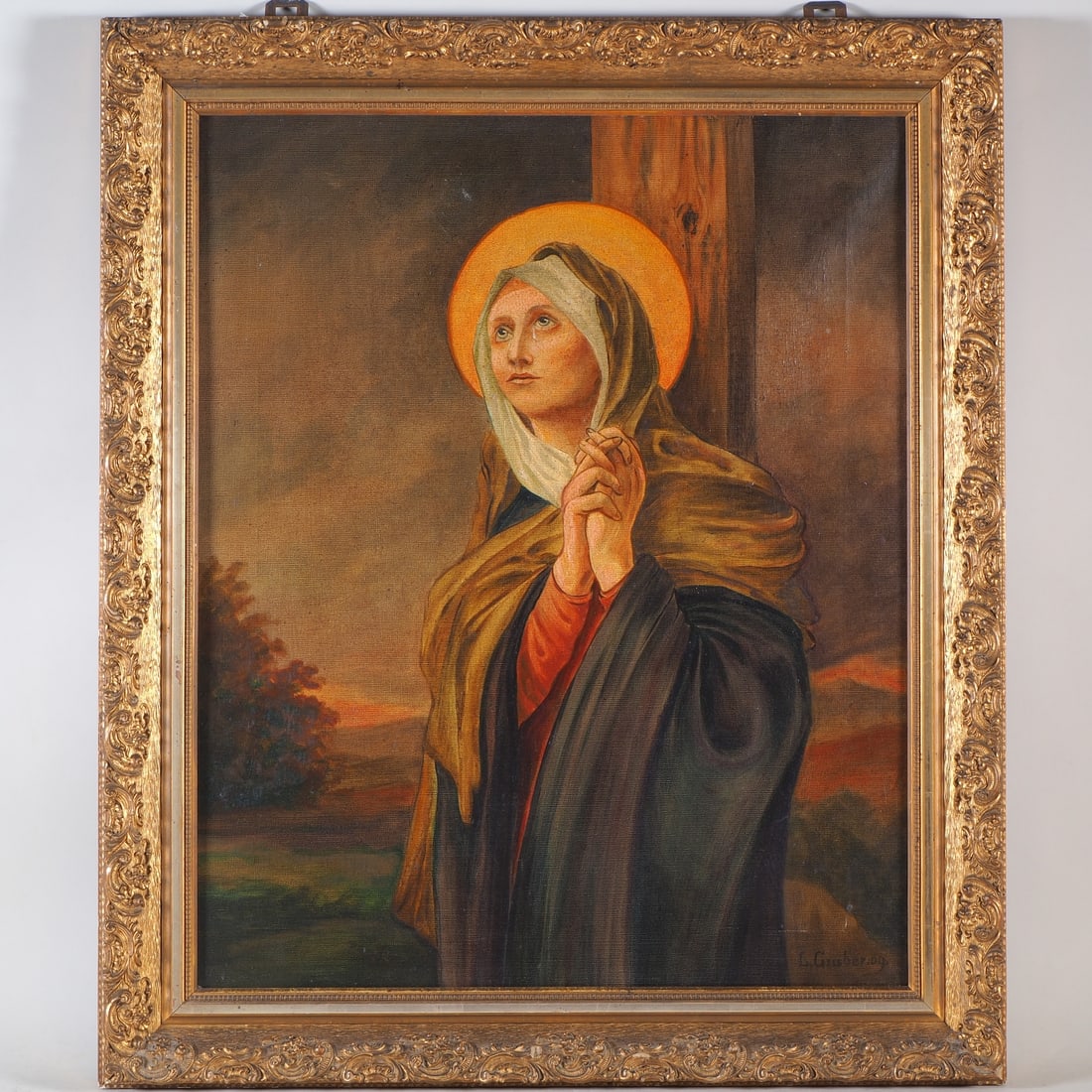 Ludwig Gruber (1889 - 1967, Vienna) - Devout Madonna, 1909: Ludwig Gruber (1889 - 1967, Vienna) - Devout Madonna, 1909Oil on canvas, depicting the devout Mary Magdalene with a golden halo, in a fervent prayer posture before the cross with folded hands and an u