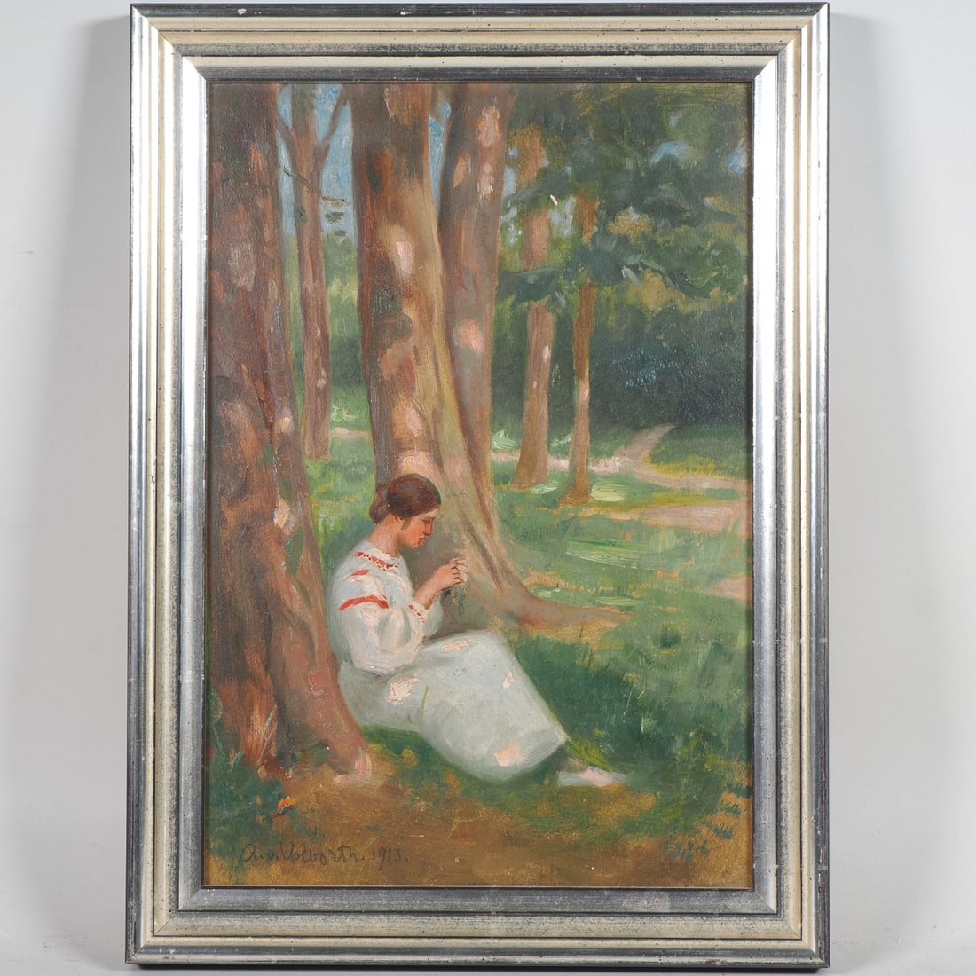 Alexander von Volborth (1885, St. Petersburg - 1973) - Art Nouveau painting, 1913: Alexander von Volborth (1885, St. Petersburg - 1973) - Art Nouveau painting, 1913Oil on painting board. Signed and dated "a.v.Volborth. 1913" on the lower left. Depiction of a young lady sitting leani