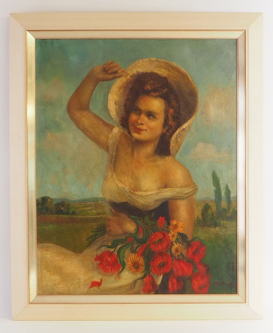 Bust portrait in a wide landscape, around 1920: Bust portrait in a wide landscape, around 1920Oil on canvas. Large painting of a young beauty holding a bouquet of poppies and gazing into the distance. A wide, hilly landscape in the background. Sign