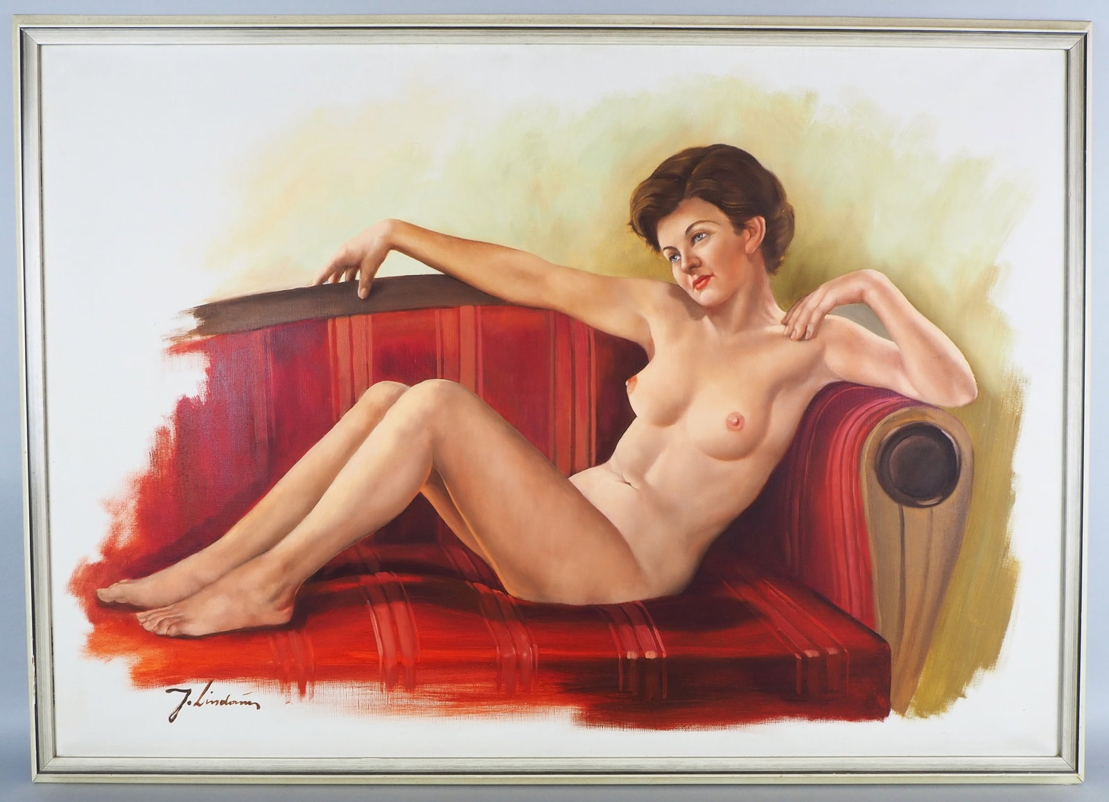 Large oil painting "Reclining Nude", 20th century.: Large oil painting "Reclining Nude", 20th century. Oil on canvas framed in a light lacquered wooden frame. Depicting a nude woman lying on a red sofa, right hand supported on the backrest. Signed lowe