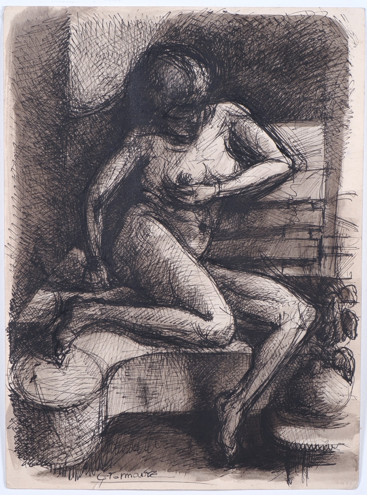 Marcel Gromaire, attr. - Nude drawing: Marcel Gromaire, attr. - Nude drawing Ink on paper, signed ‘Gromaire’ at the bottom, attributed to Marcel Gromaire. Expressive depiction of a female nude reclining on a cushion. The composition