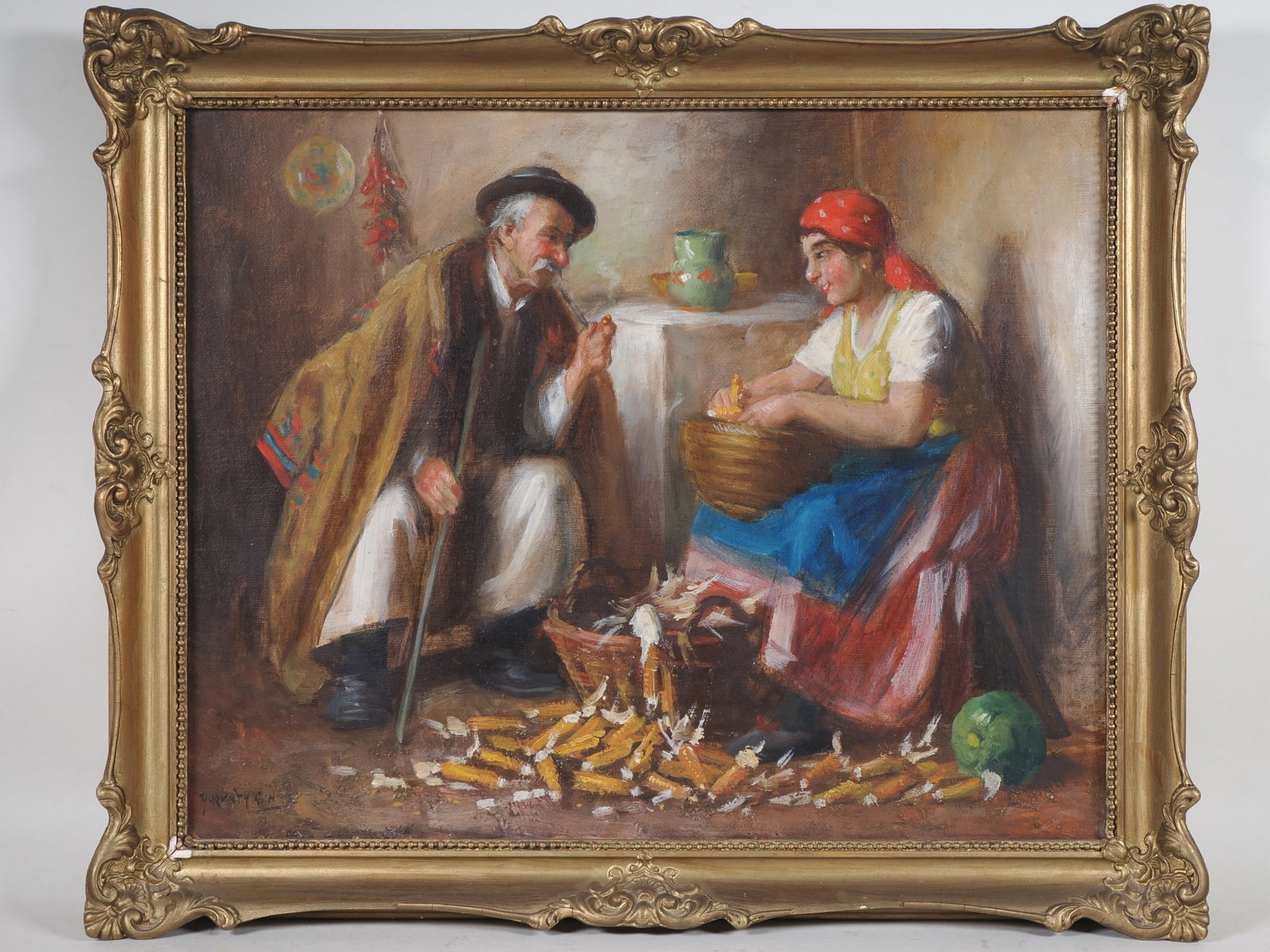 Andor G. Horvath (1876-1966, Budapest) - Shelling corn (1 of 2)