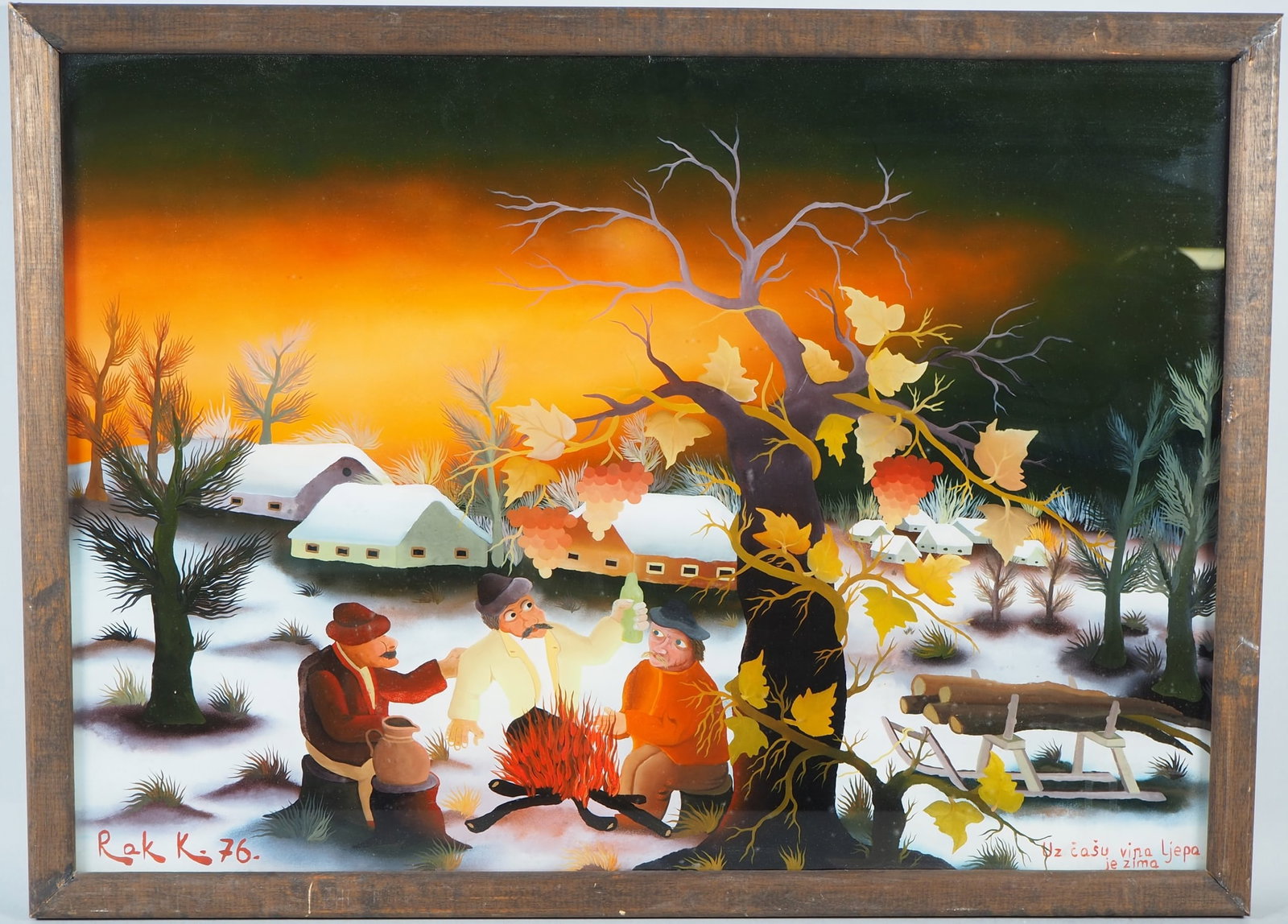 Naive reverse glass painting - Campfire in winter - Kasimir Rak, Yugoslavia 1976 (1 of 5)