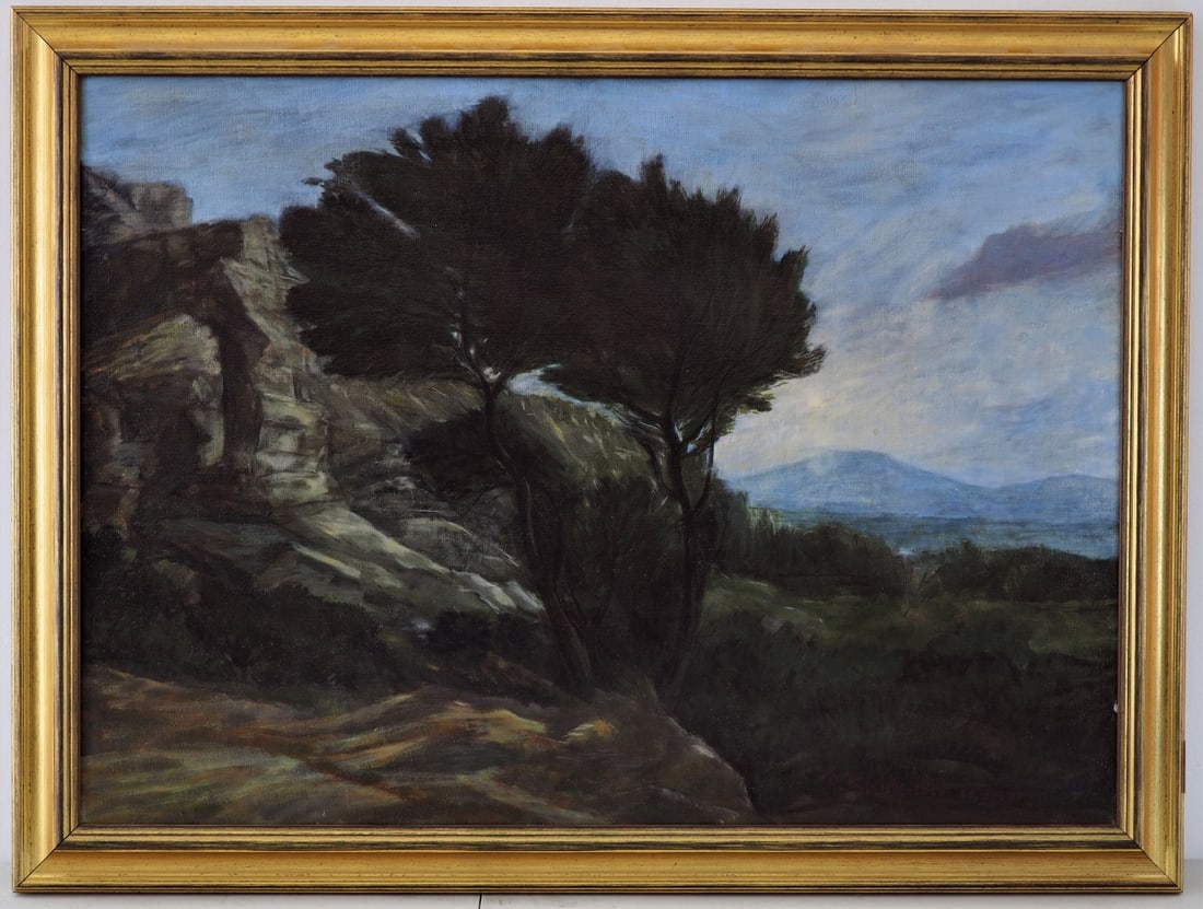 Richard Kurman (*1927, Chicago - 2020, Santa Fe) - Landscape in Moonlight, 1980/1990: Richard Kurman (*1927, Chicago - 2020, Santa Fe) - Landscape in Moonlight, 1980/1990Oil on canvas. Mediterranean landscape with rocks and trees at rising moon. Two signatures on the lower right, one d