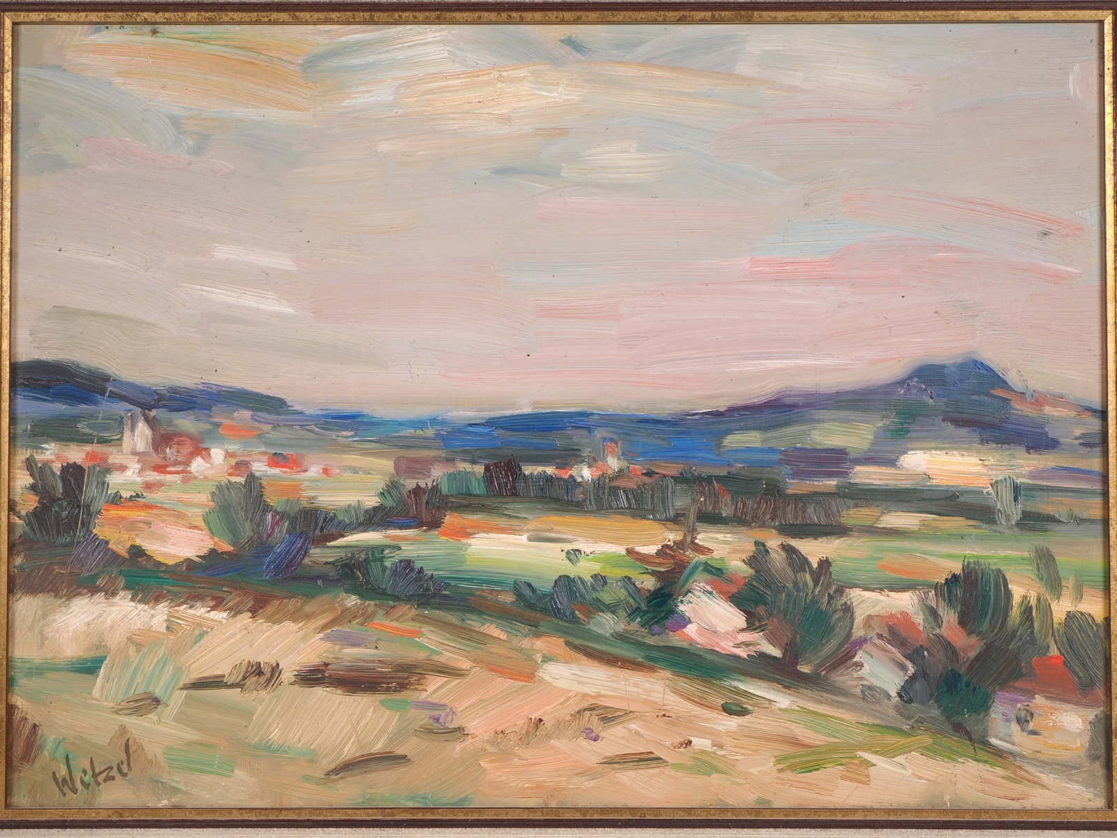 Rudolf Wetzel (1921 - 1990, Ravensburg) - Upper Swabian Landscape, 1980s: Rudolf Wetzel (1921 - 1990, Ravensburg) - Upper Swabian Landscape, 1980sOil on hardboard, depicting a landscape in Upper Swabia, signed ‘Wetzel’ lower left. Frame dimensions 57 x 43.5 cm.Rudolf We