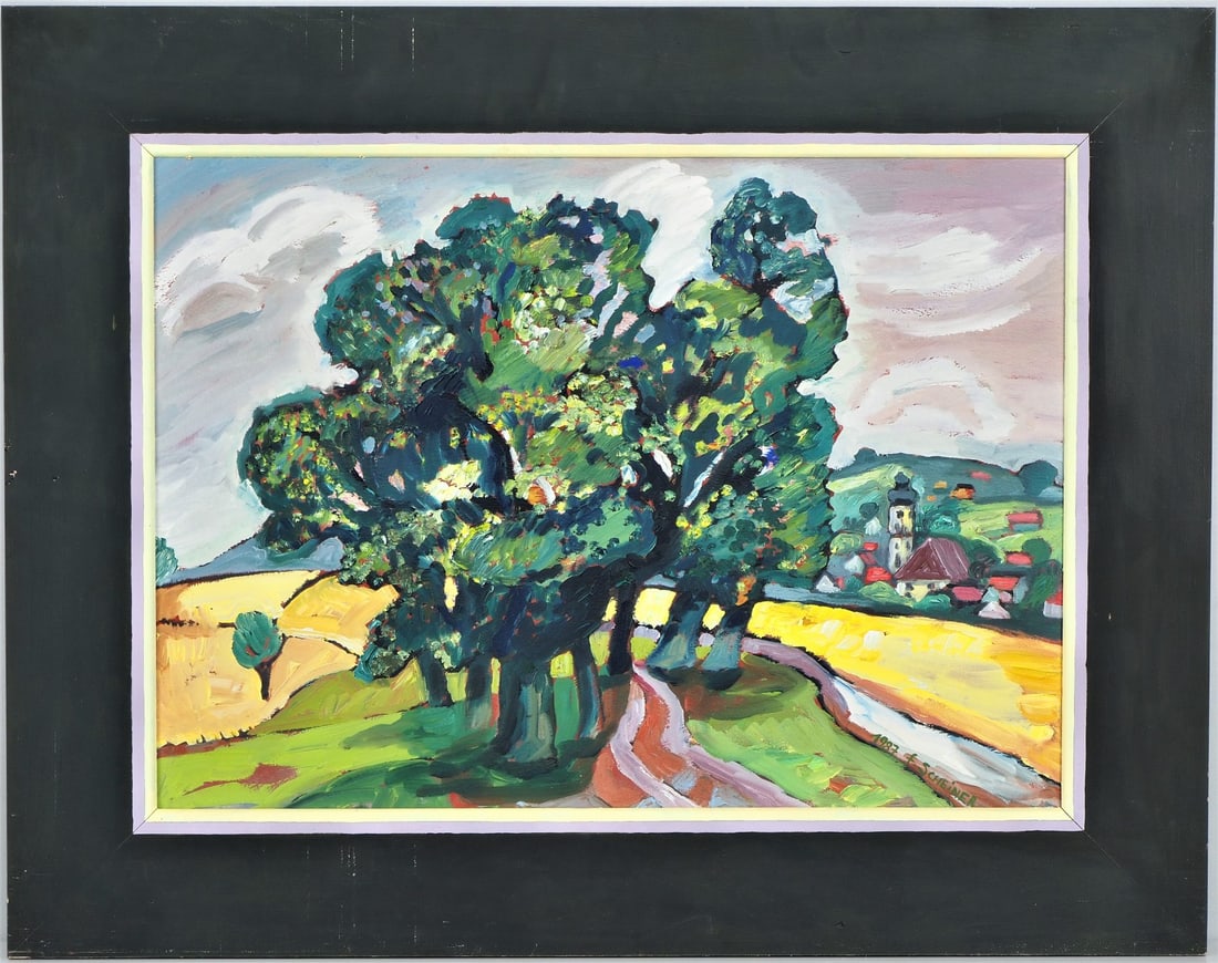 Fridrun Scheiner (*1939, Lindau) - Landscape with trees and village, 1987 (1 of 2)