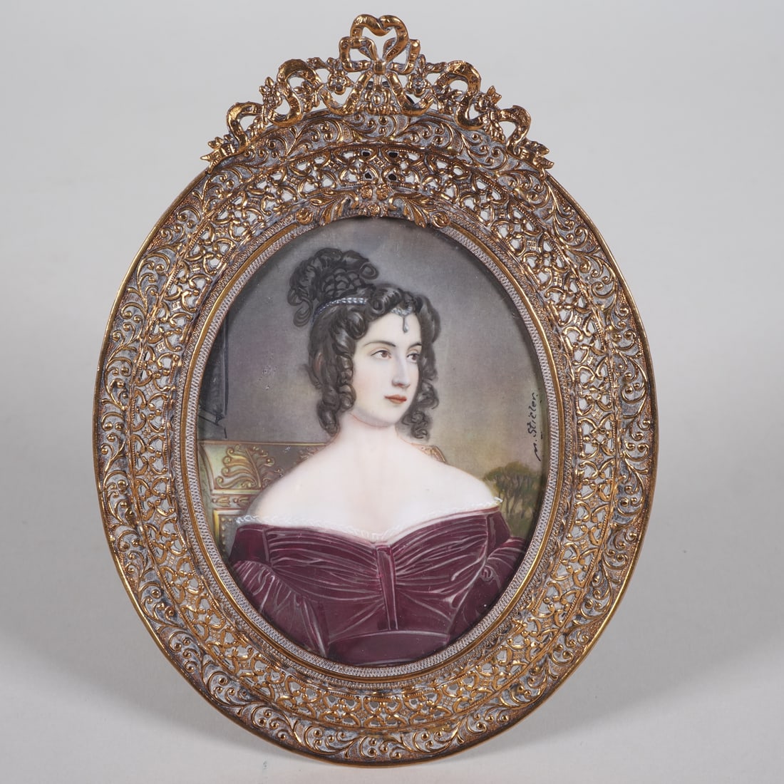 Fine miniature portrait by "Stieler" in brass frame, 19th century. (1 of 2)