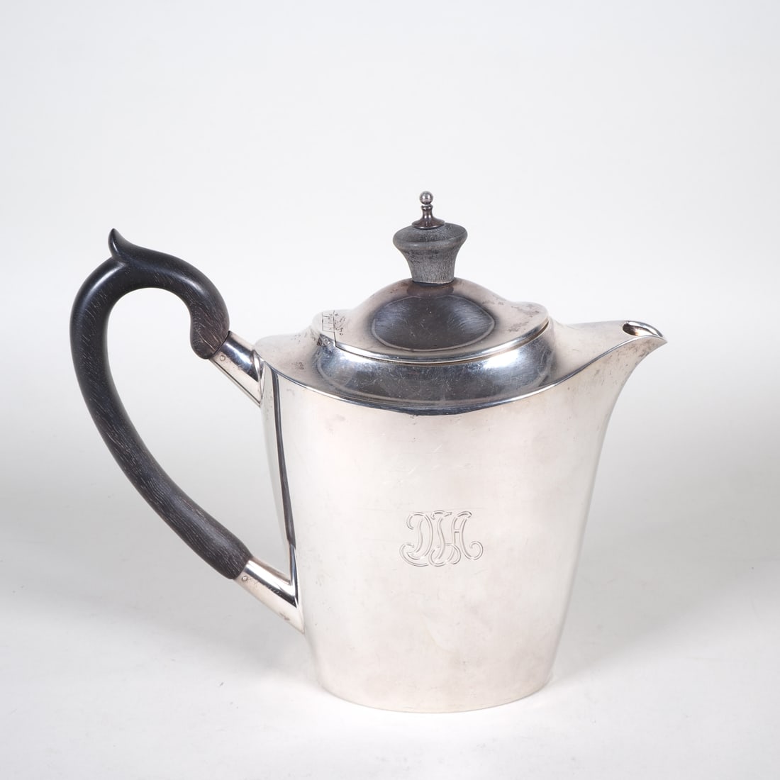 Tiffany & Co. silver jug with dedication by US Ambassador Norman Armour, 1917: Tiffany & Co. silver jug with dedication by US Ambassador Norman Armour, 1917Elegant sterling silver jug with curved ebony handle and knob, engraved with the monogram "DJA" on one side. On the base, m