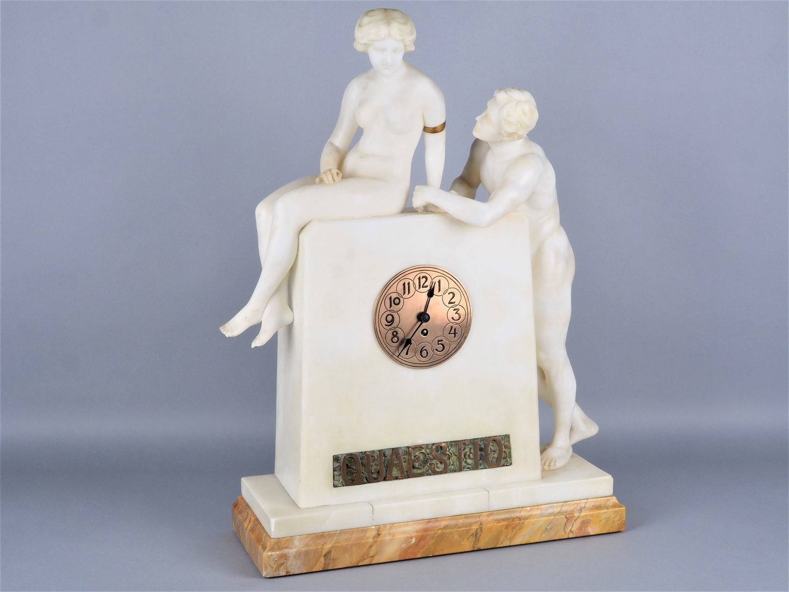 Large art nouveau "figure clock" around 1899: Large art nouveau "figure clock" around 1899High quality alabaster case, artistic stone sculpture by renowned sculptor, signed on the back "Schimmelpfennig" (OSWALD). Schimmelpfennig (1872 - 1939), sc