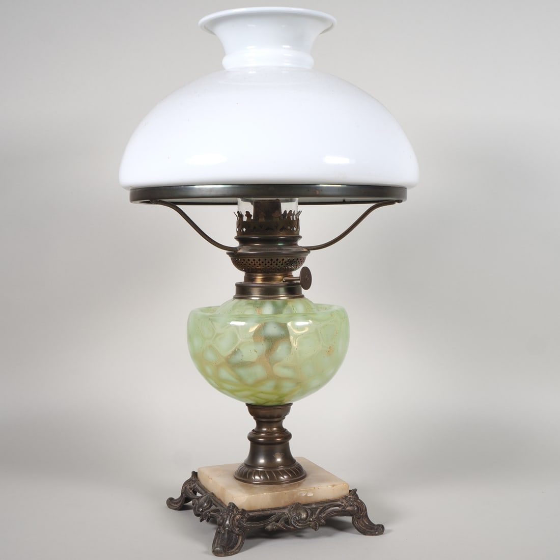 Art Nouveau petroleum table lamp with uranium glass, circa 1900 (1 of 3)