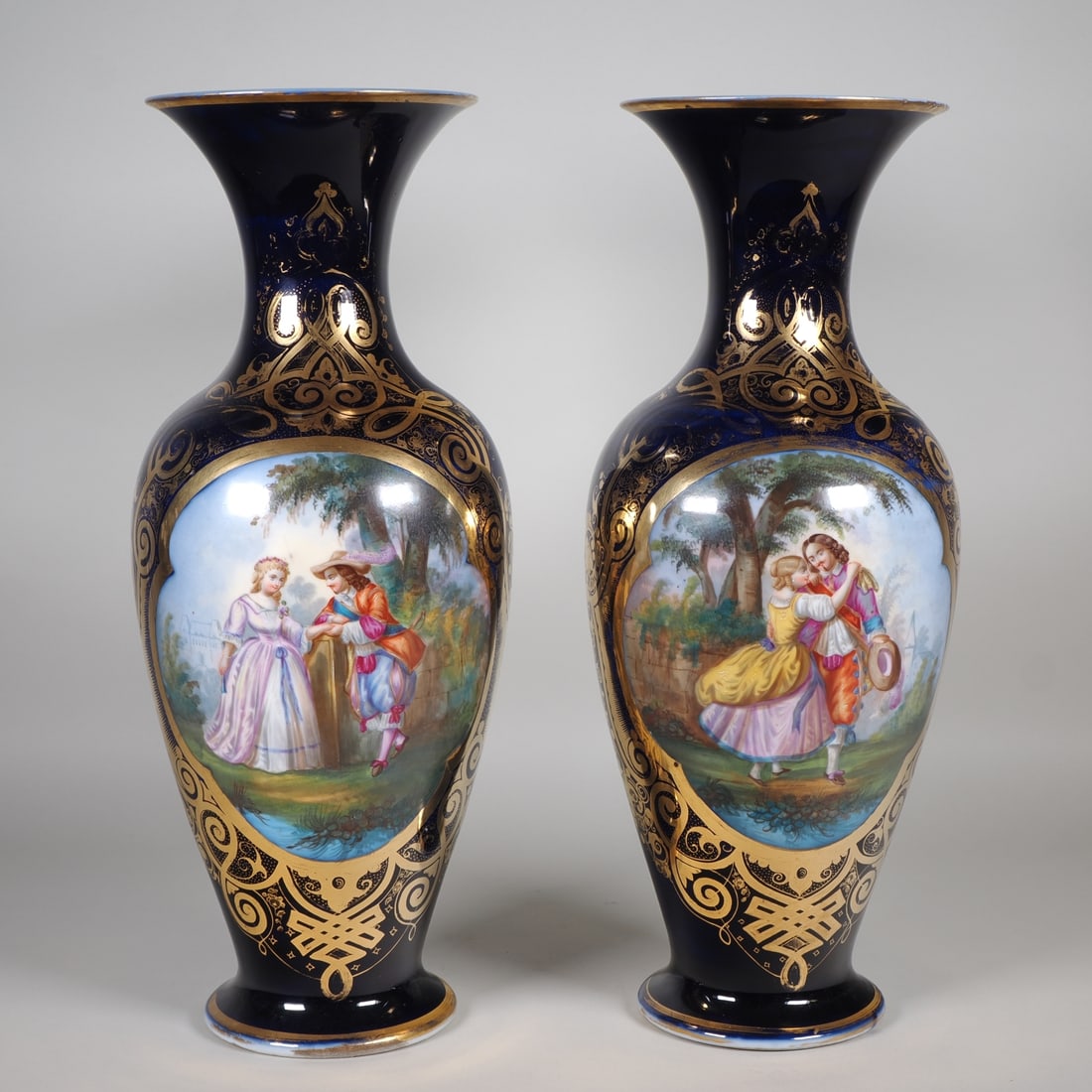 Pair of French porcelain vases with court scene, hand-painted, 19th century. (1 of 5)